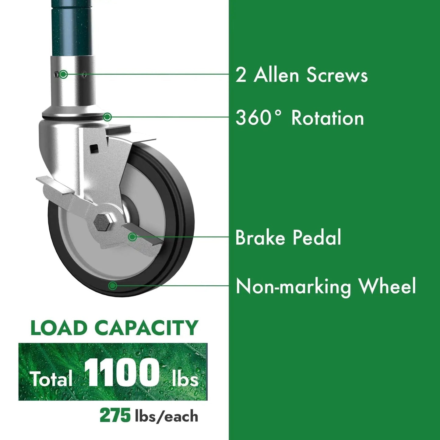 Five Inch Universal Wire Shelving Swivel Casters With Polyurethane Wheels Set Of Four Top Lock Brake For 1 Inch Diameter Wire Shelving Posts Ideal For Heavy Duty Garage Shelving Racks And Industrial Storage close-up showing brake pedal and load capacity