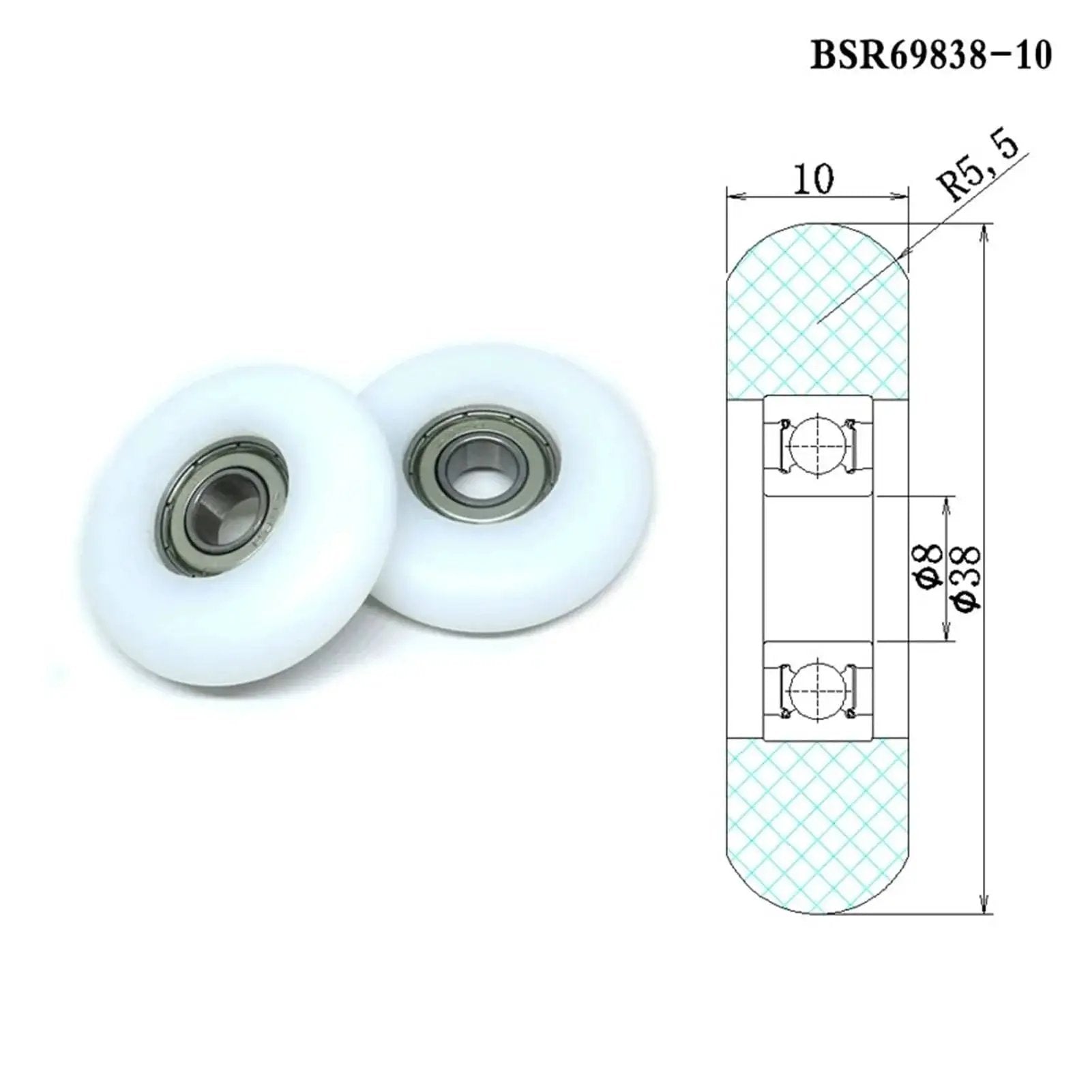 Four POM-coated bearing wheels sized 8x38x10mm deliver quiet, smooth operation for rowing machines and compact equipment, shown with specs