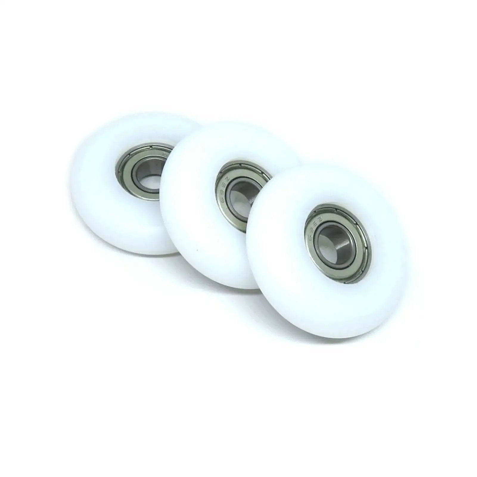 Four POM-coated bearing wheels sized 8x38x10mm deliver quiet, smooth operation for rowing machines and compact equipment, side view