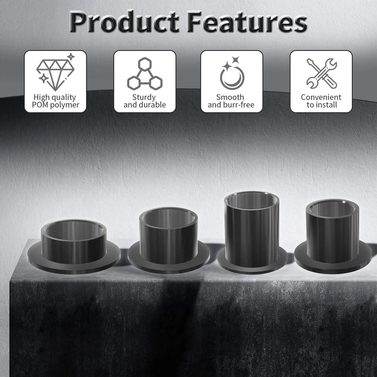 4 Pcs Pom Flanged Sleeve Bearings 8mm ID 10mm OD 10mm Length Flange Diameter 15mm Oilless Black POM features overview