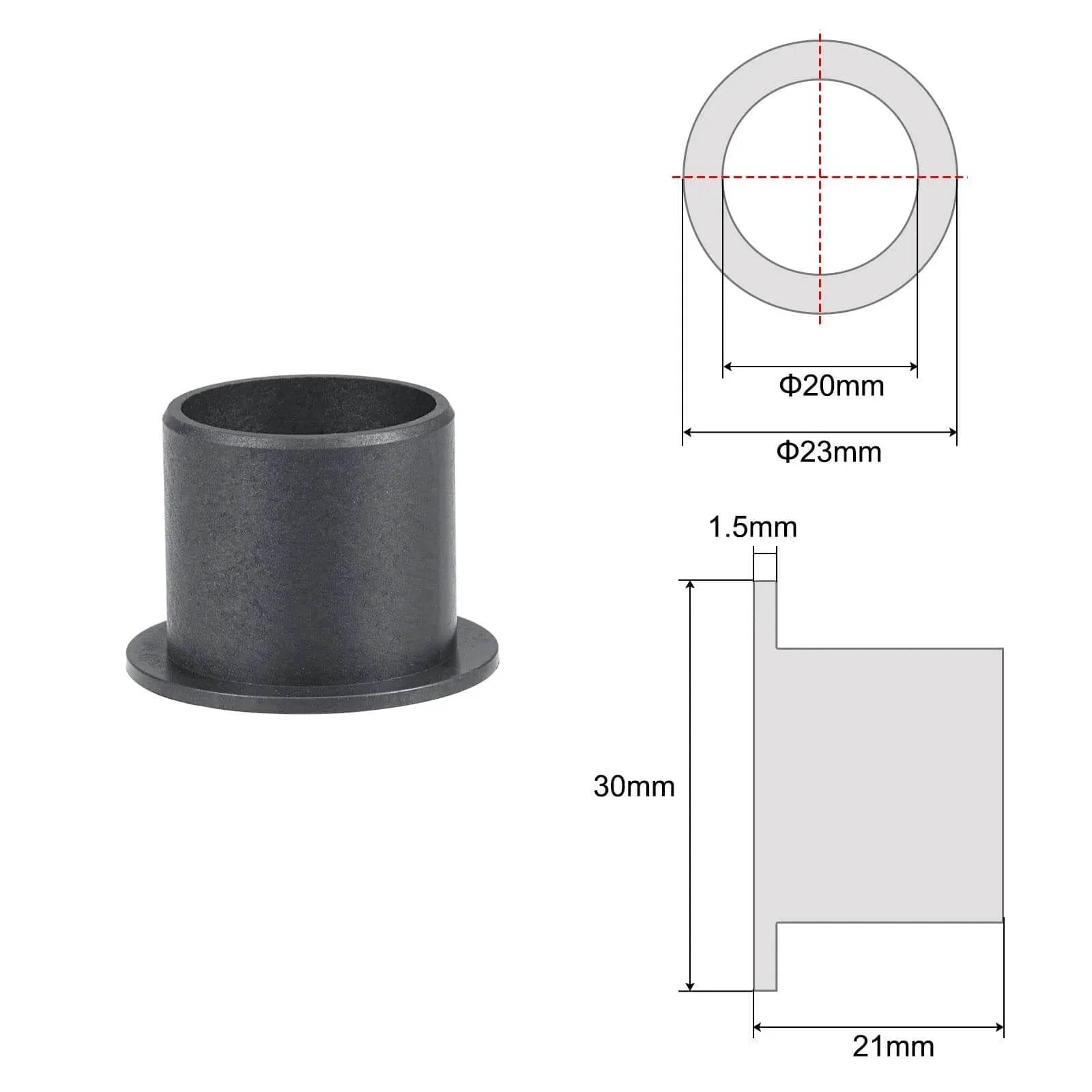 Flanged Sleeve Bearing 20mm Bore 23mm OD 21mm Length POM Self Lubricating Oilless Wrapped Black Bushings size diagram