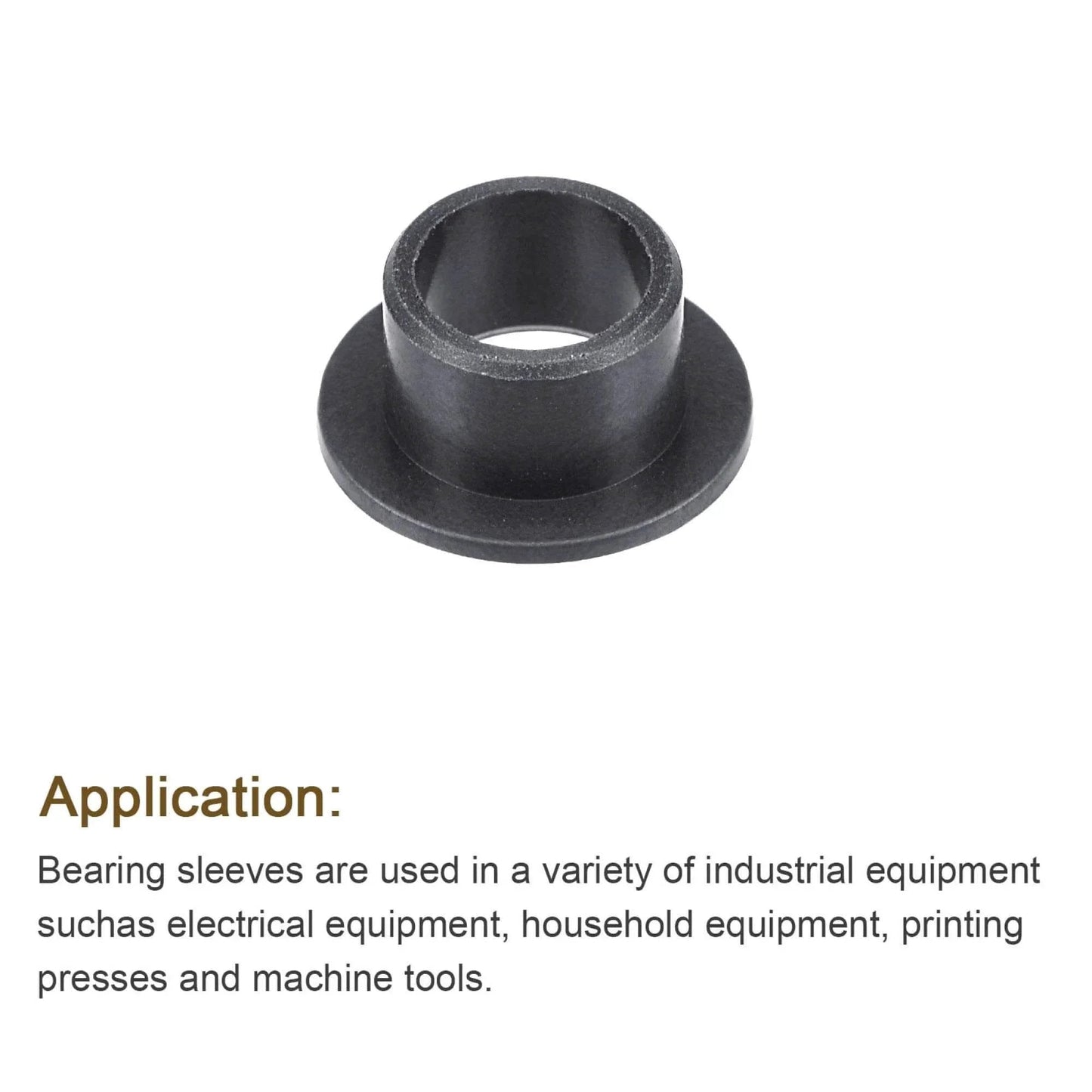 Black flanged sleeve bearings with 8mm bore, 10mm OD, and 7mm length, showing POM self-lubricating design and 15mm flange diameter.