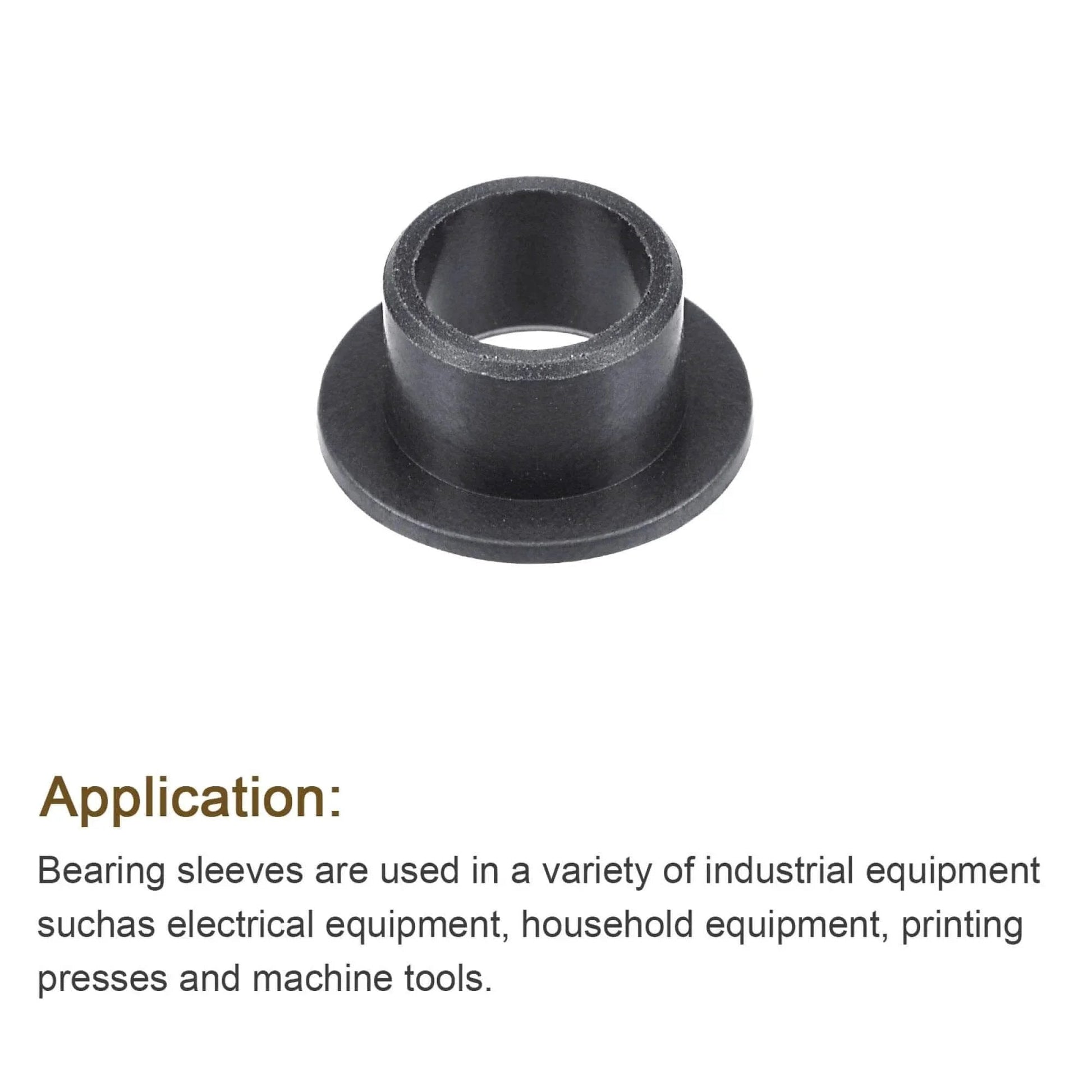 Black flanged sleeve bearings with 8mm bore, 10mm OD, and 7mm length, showing POM self-lubricating design and 15mm flange diameter.