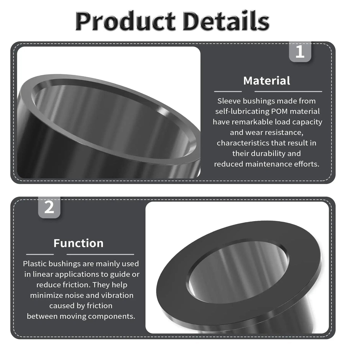 Product details showing POM material and function of Set Of 4 POM Flanged Sleeve Bearings 8mm ID x 10mm OD x 7mm Length With 15mm Flange Diameter