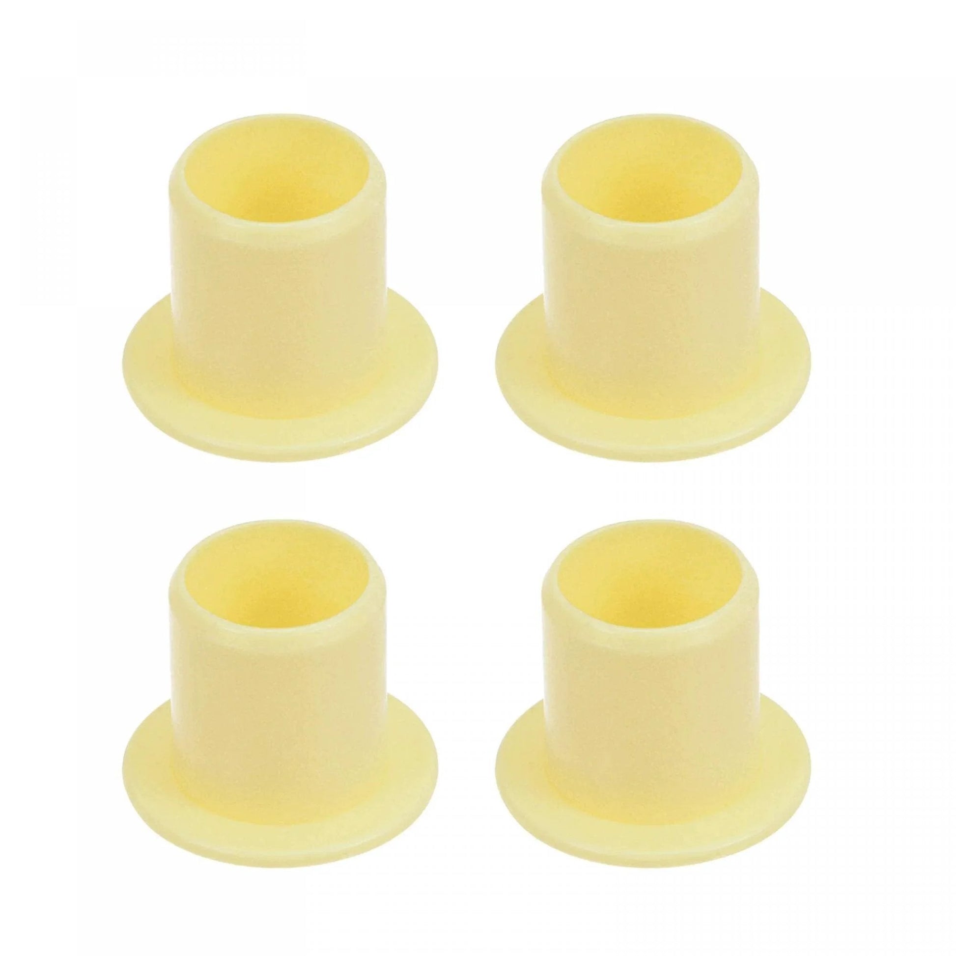 Four yellow flanged sleeve bearing set 10mm bore 12mm outer diameter 12mm length POM wrapped oilless bushings with 18mm flange diameter