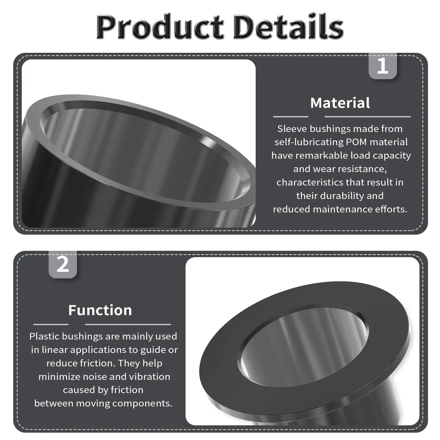 Close-up of Four Pack POM Flanged Sleeve Bearings 25mm ID By 28mm OD By 30mm Length With 35mm Flange Diameter, showcasing material and function details.
