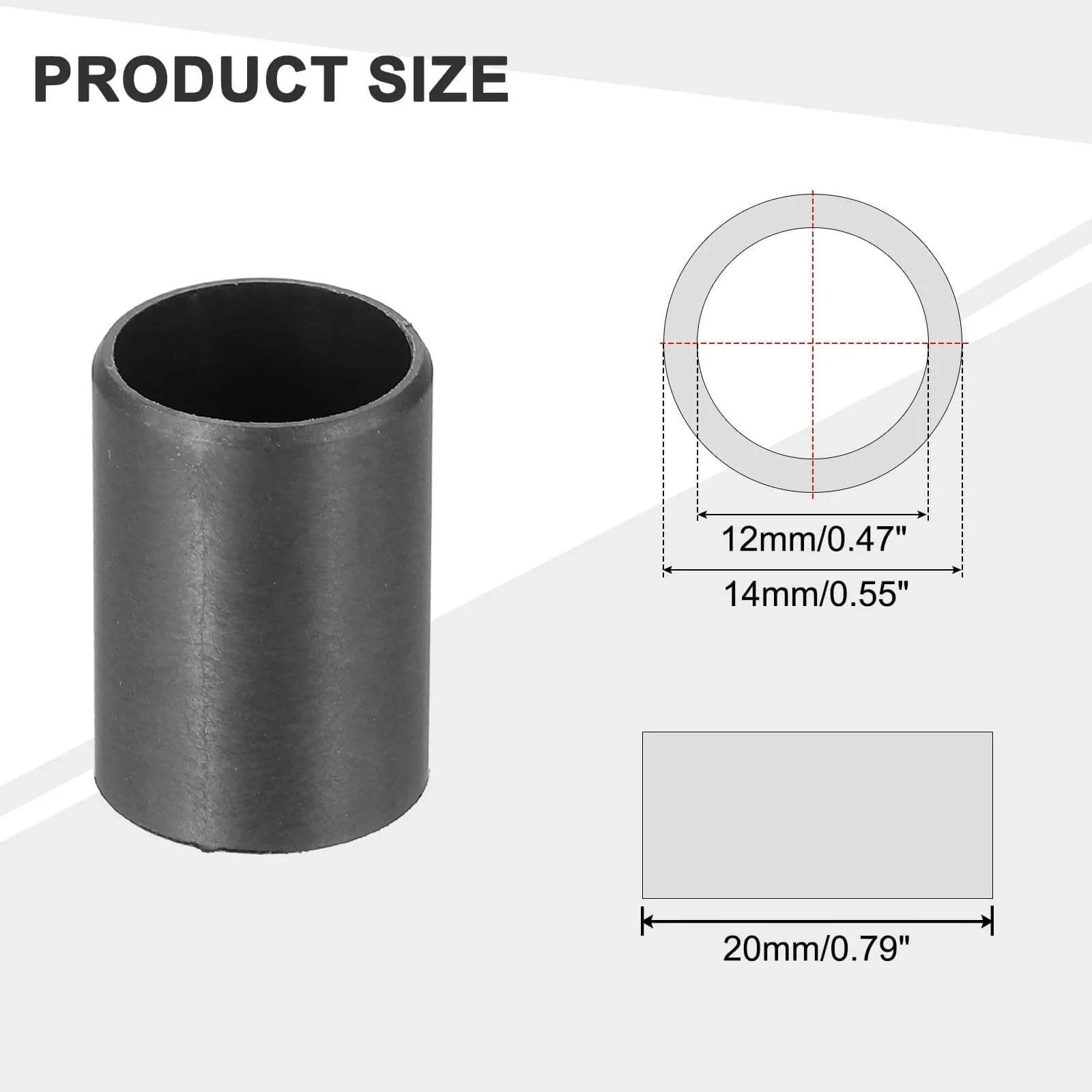 Diagram showing Six Pcs POM Sleeve Bearing Plastic Bushings Self Lubricating Oilless Maintenance Free Black ID 12mm OD 14mm Length 20mm