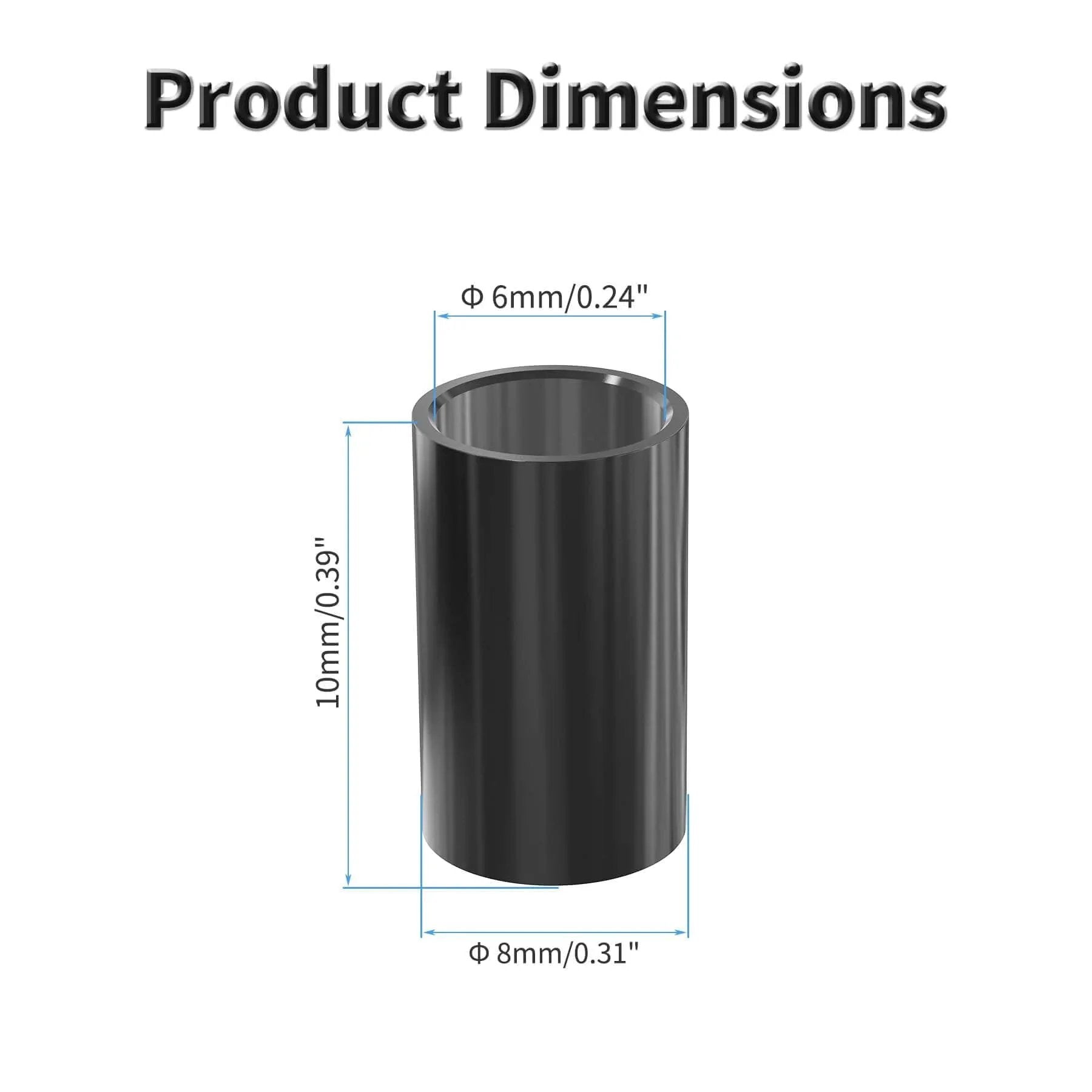 4Pcs POM Oil Free Sleeve Bearings 6mm ID 8mm OD 10mm Length Self Lubricating Black Bushings product dimensions diagram