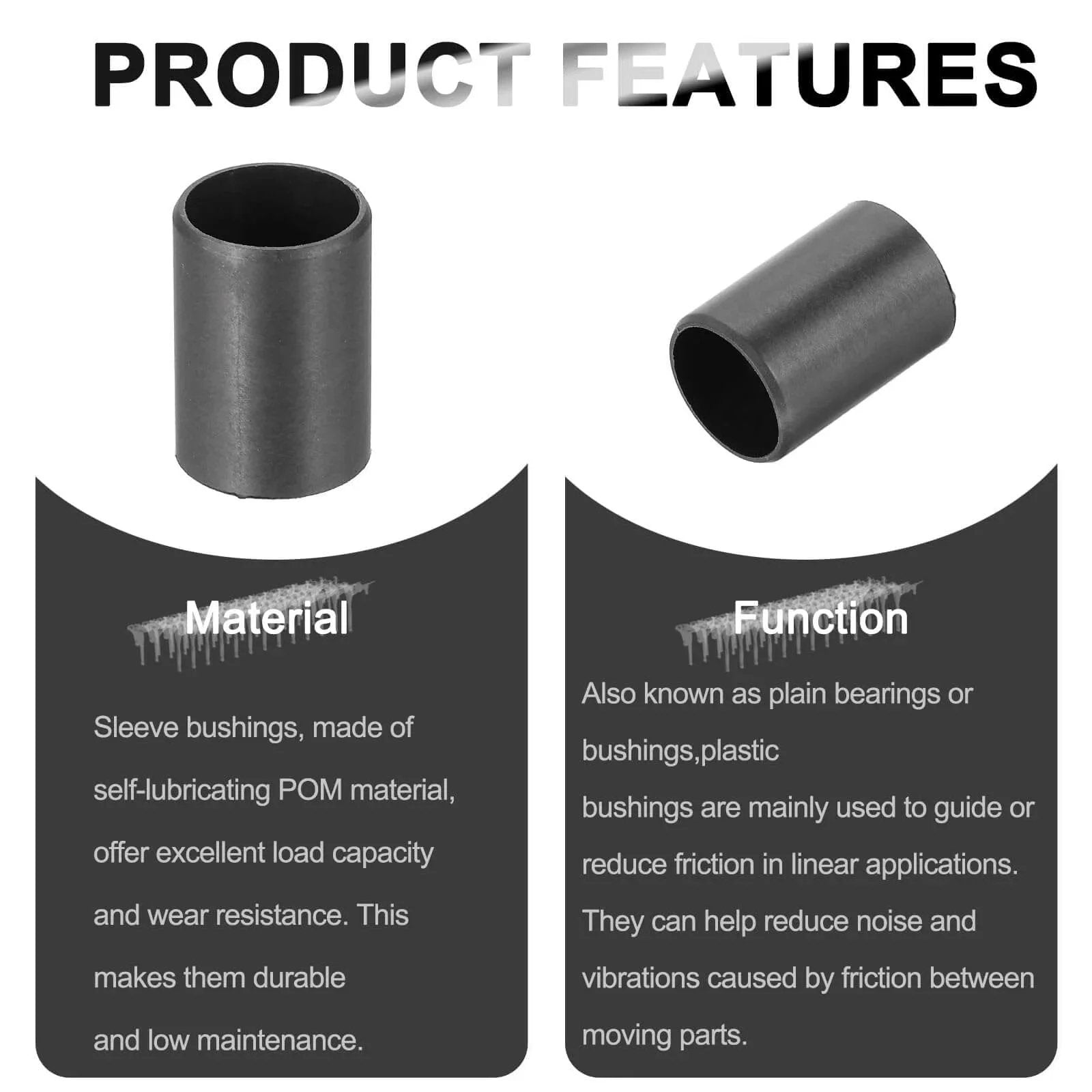 Six Pcs POM Sleeve Bearing Plastic Bushings Self Lubricating Oilless Maintenance Free Black ID 12mm OD 14mm Length 20mm, material and function description
