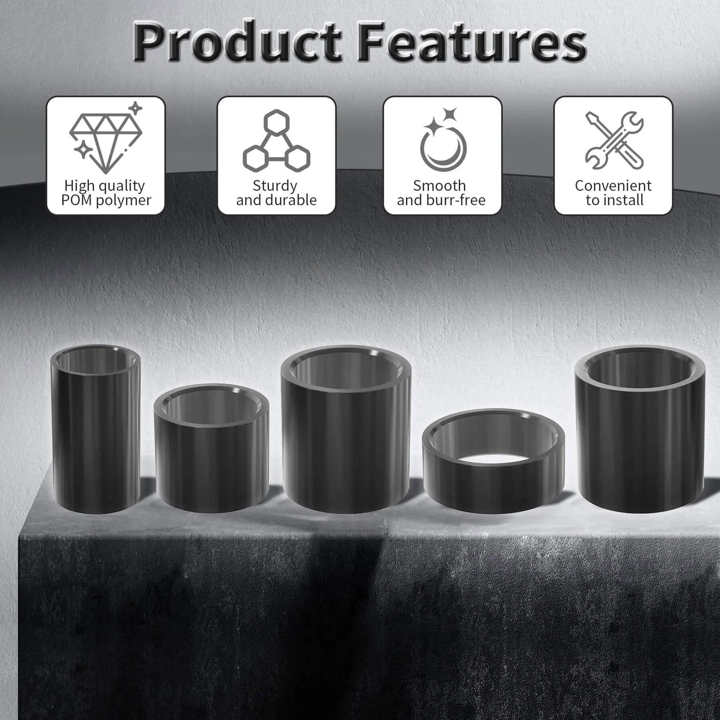 4Pcs POM Oil Free Sleeve Bearings 6mm ID 8mm OD 10mm Length Self Lubricating Black Bushings displayed with product features.