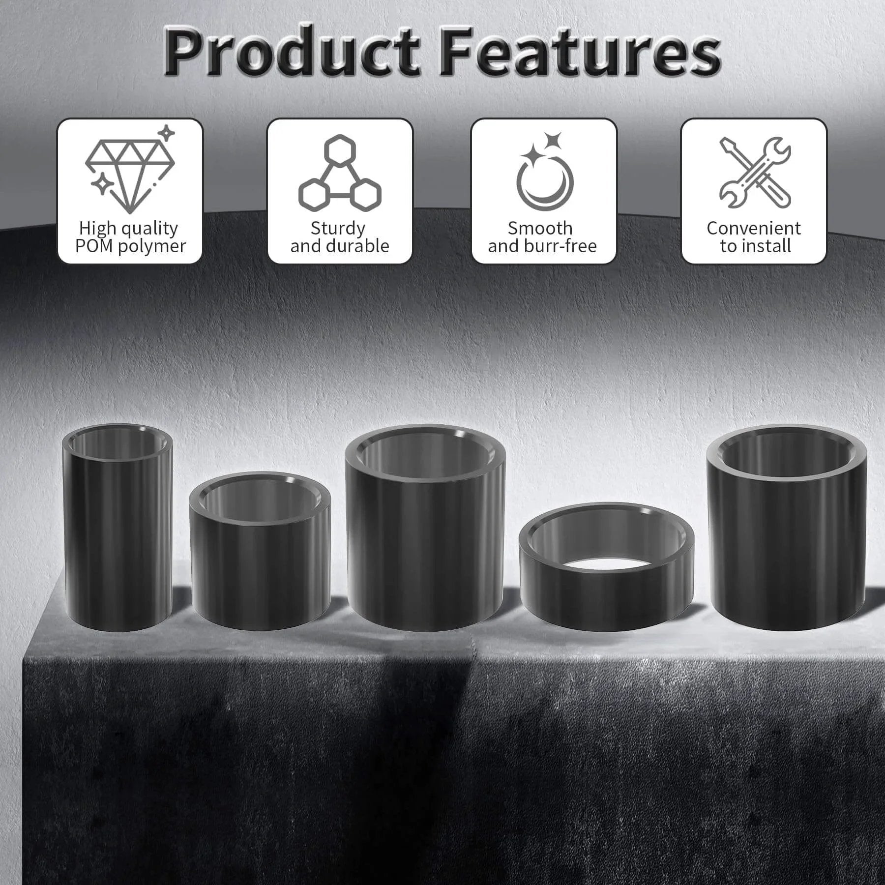 4Pcs POM Oil Free Sleeve Bearings 6mm ID 8mm OD 10mm Length Self Lubricating Black Bushings displayed with product features.