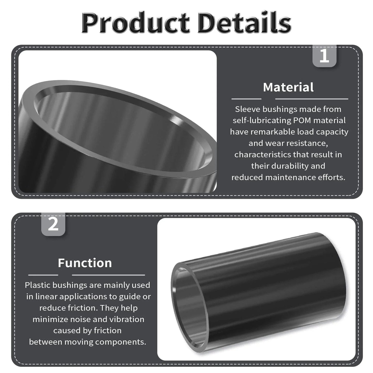 4Pcs POM Oil Free Sleeve Bearings 6mm ID 8mm OD 10mm Length Self Lubricating Black Bushings product details and material use