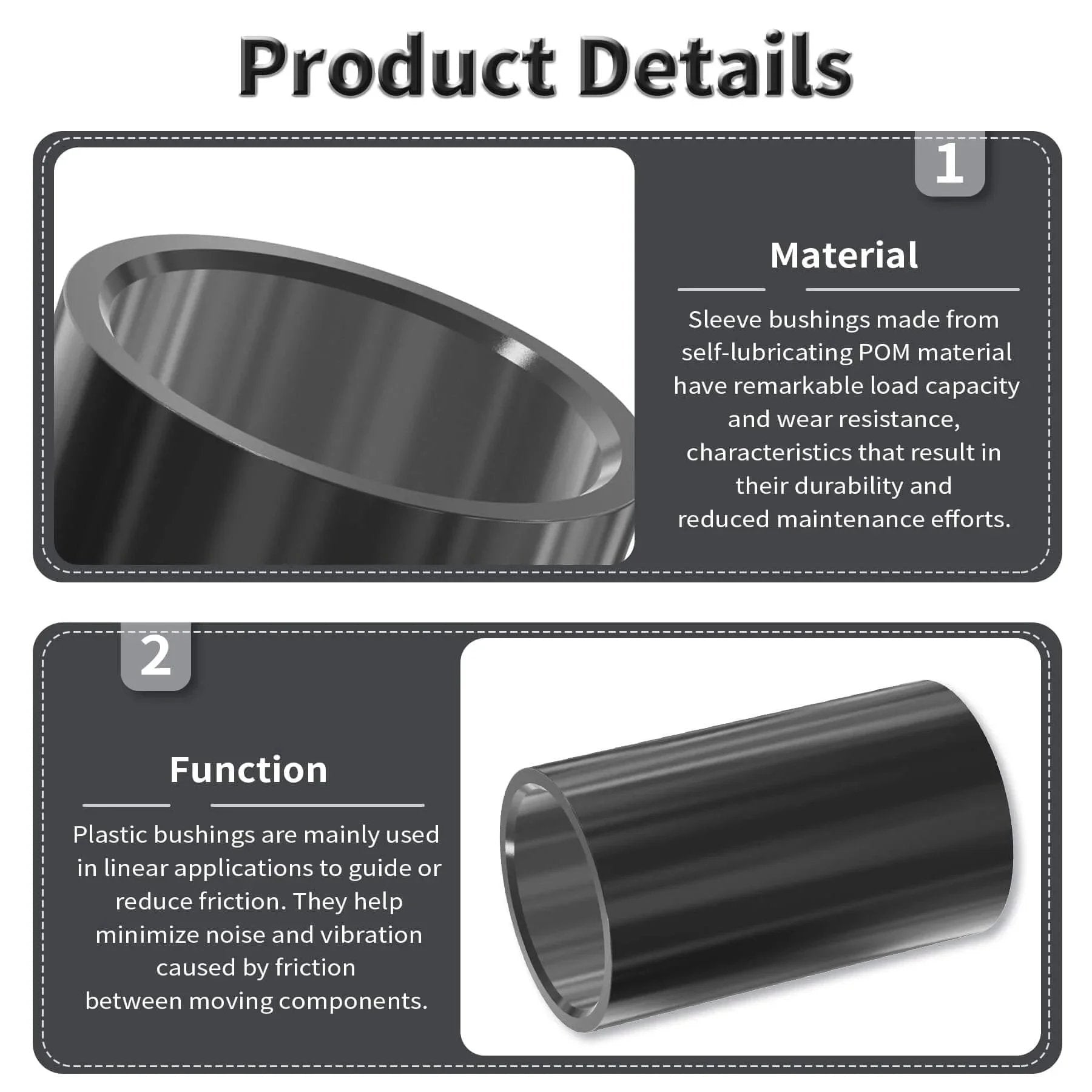 4Pcs POM Oil Free Sleeve Bearings 6mm ID 8mm OD 10mm Length Self Lubricating Black Bushings product details and material use