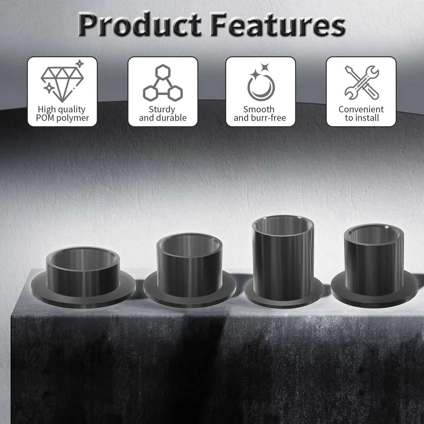 Set Of 4 POM Flanged Sleeve Bearings 8mm ID x 10mm OD x 7mm Length With 15mm Flange Diameter Self Lubricating Oilless Bushings Black