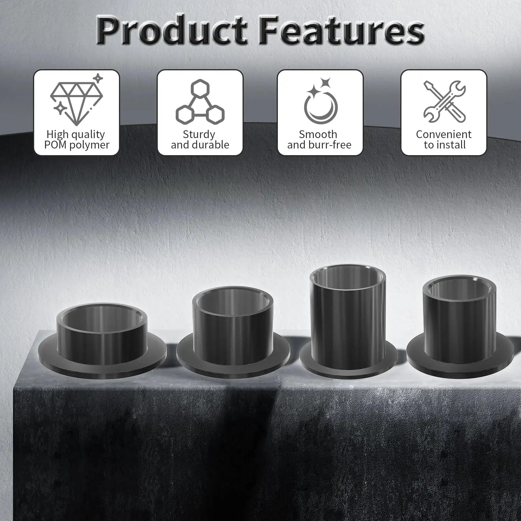 Set Of 4 POM Flanged Sleeve Bearings 8mm ID x 10mm OD x 7mm Length With 15mm Flange Diameter Self Lubricating Oilless Bushings Black