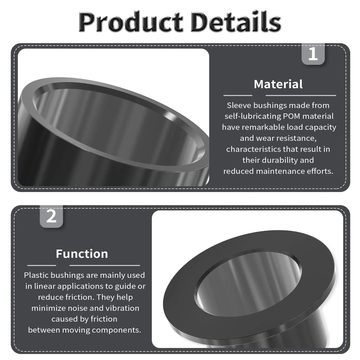 Material and function of 4 Pcs Pom Flanged Sleeve Bearings 8mm ID 10mm OD 10mm Length Flange Diameter 15mm Oilless Black POM Self Lubricating Flanged Bushings For Shaft Of Equipment And Machinery Ideal For Precision Machinery Applications In Automotive And Manufacturing Sectors displayed in graphic.