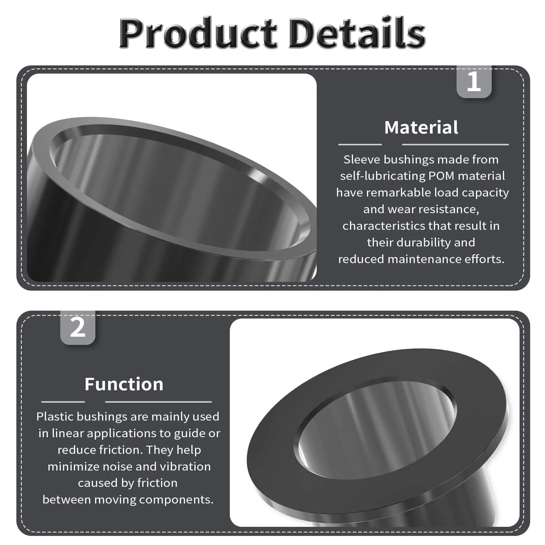 Material and function of 4 Pcs Pom Flanged Sleeve Bearings 8mm ID 10mm OD 10mm Length Flange Diameter 15mm Oilless Black POM Self Lubricating Flanged Bushings For Shaft Of Equipment And Machinery Ideal For Precision Machinery Applications In Automotive And Manufacturing Sectors displayed in graphic.