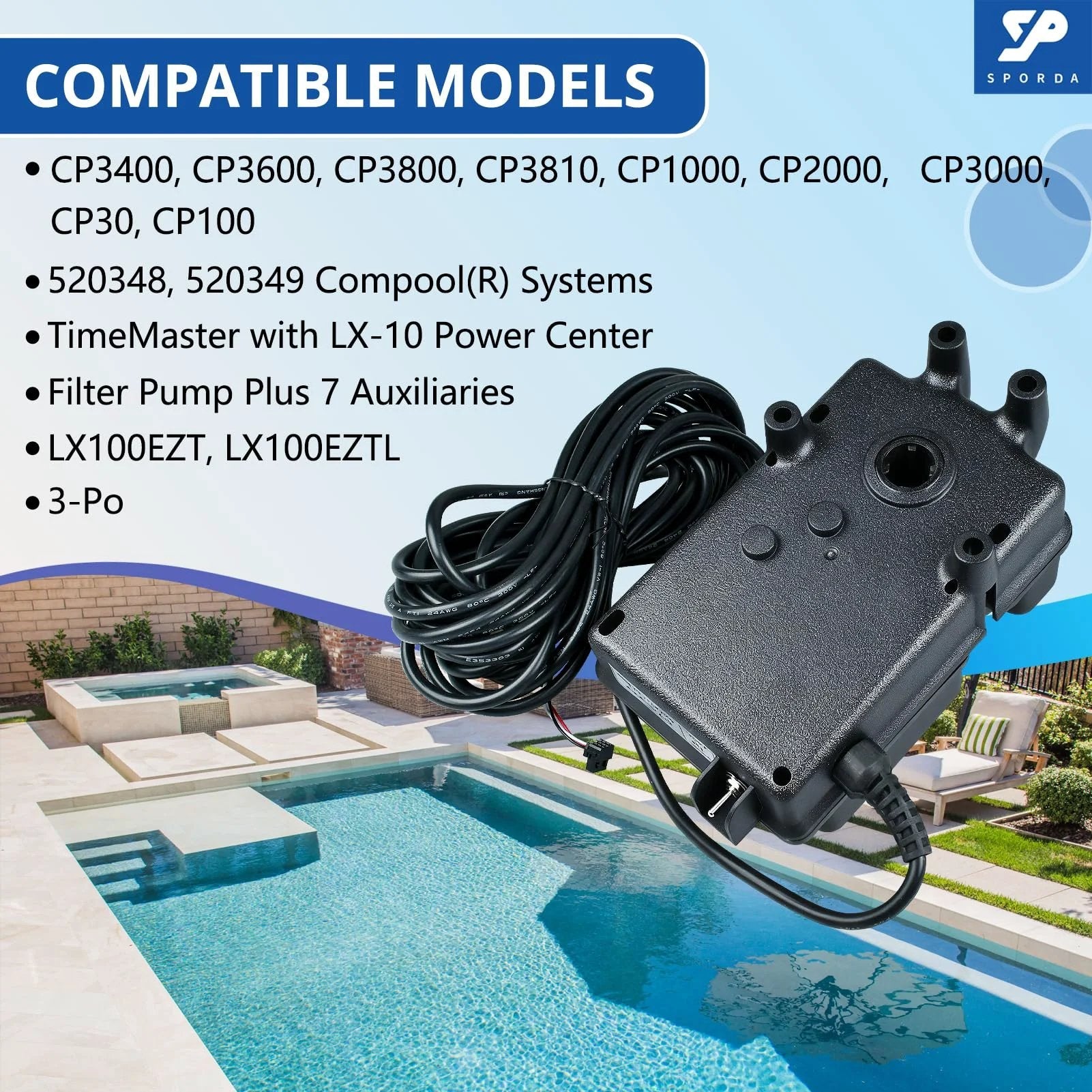 Image of Valve Actuator CVA 24T for Pool Automation, showing the unit and cable for compatibility with various pool control systems.