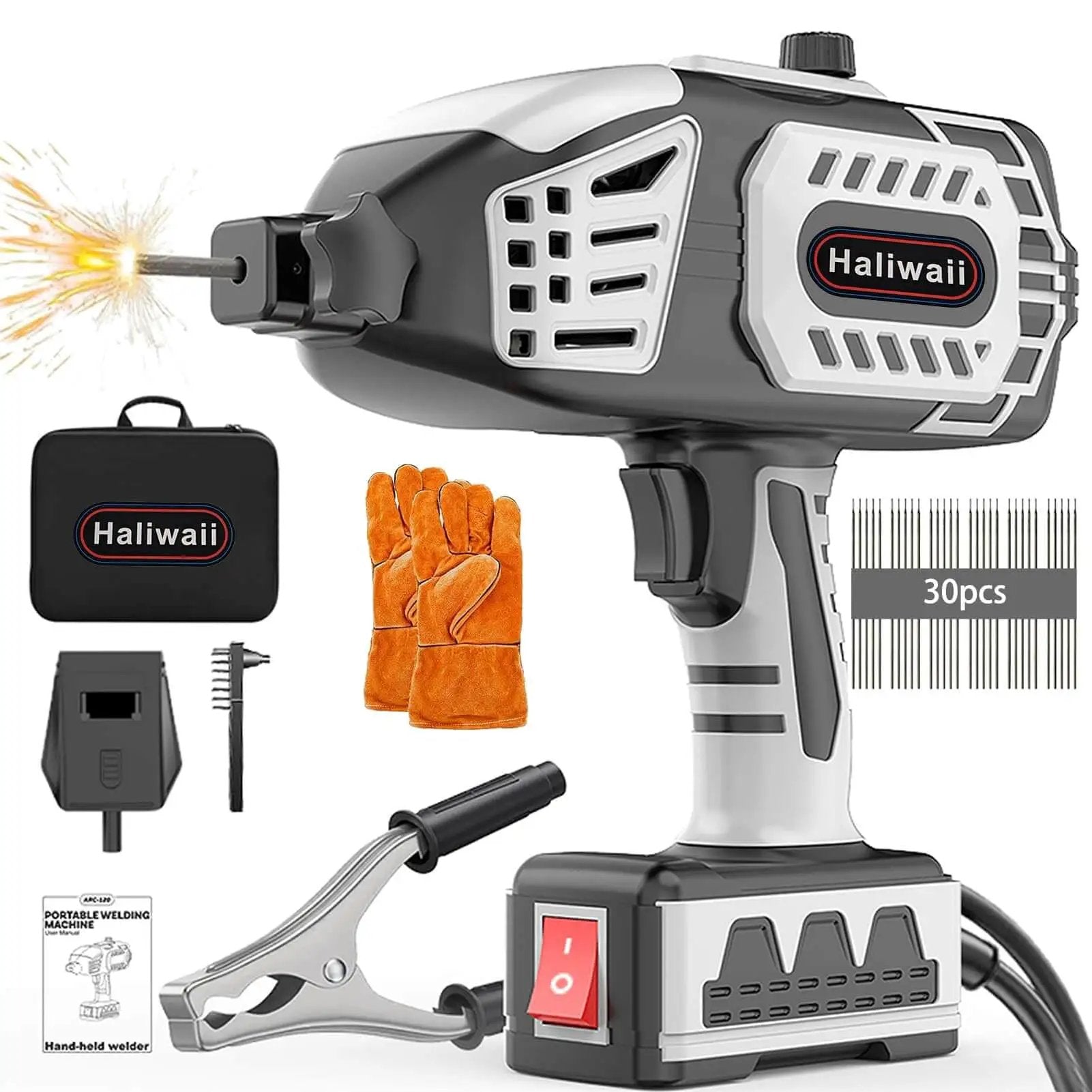Pro Grade 120 Amp Portable Welder with IGBT Inverter, gloves, and accessories for 110V power, ideal for patio furniture and light DIY projects.