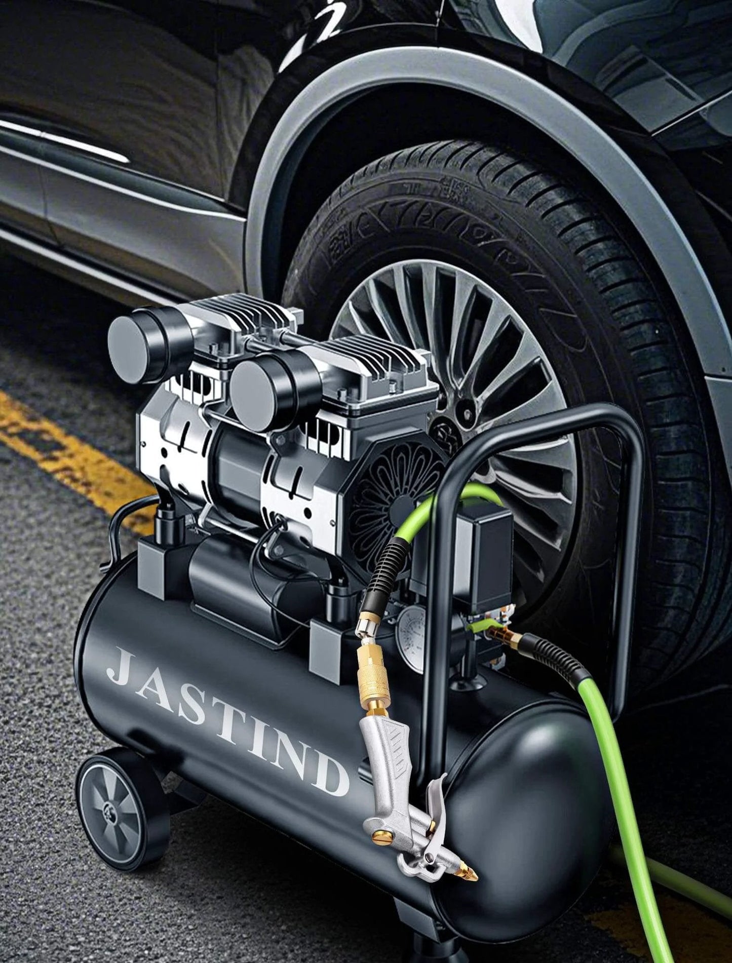 Industrial Air Blow Gun with Brass Adjustable Air Flow Nozzle and 2 Steel Extension in use with air compressor on car wheel