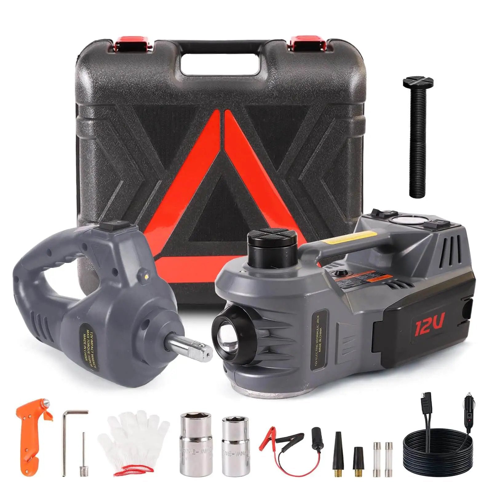 Portable 5 Ton 12V Electric Car Jack Kit With Hydraulic Floor Jack Impact Wrench And Built In 150 PSI Tire Inflator