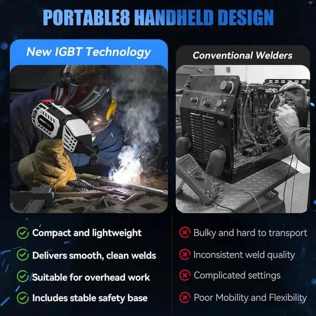 Comparison of Portable 110V Handheld IGBT Inverter Welder and conventional welder, highlighting technology and design differences.