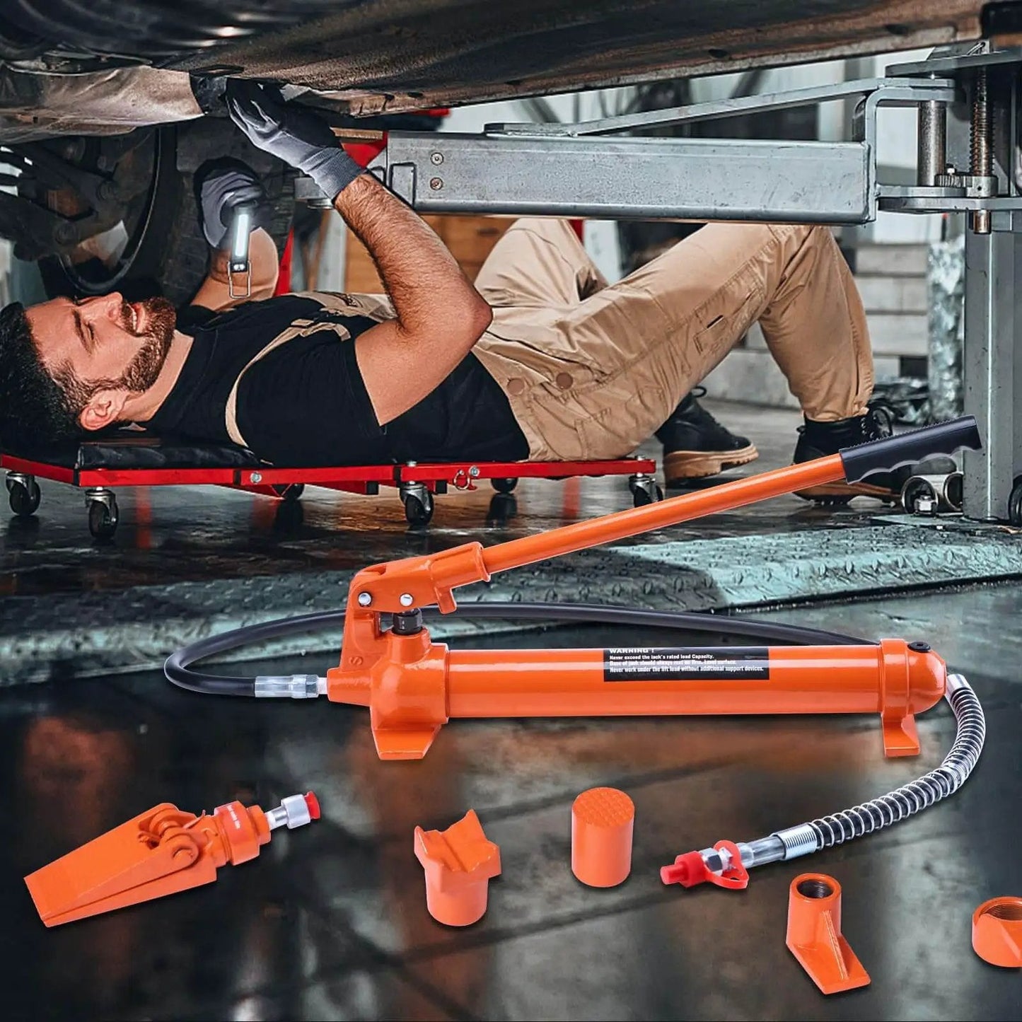 12 Ton Porta Power Kit With Long Handle And 4.6 Ft Hose, Portable Hydraulic Jack For Auto Body Frame Repair, shown with accessories