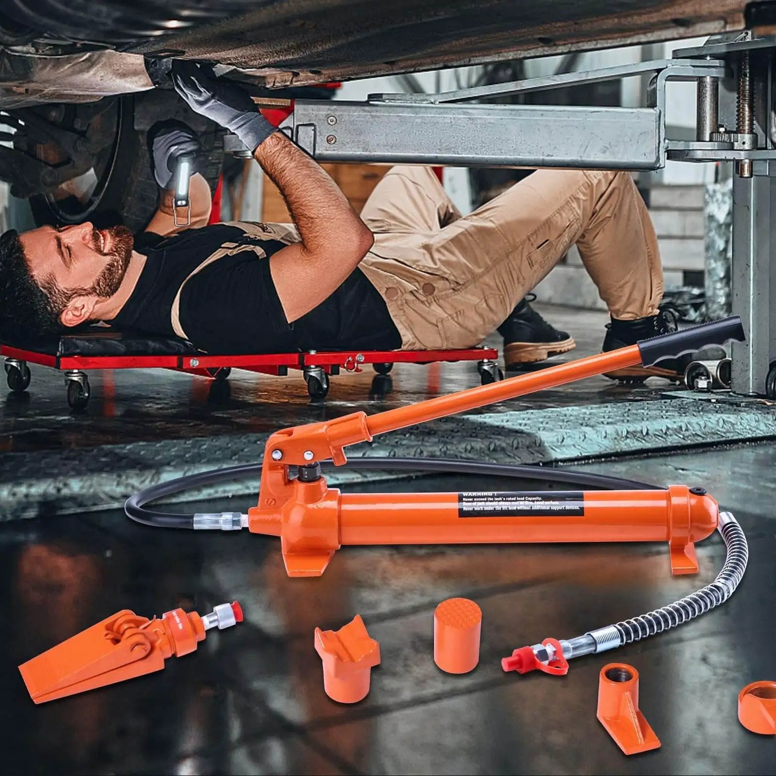 12 Ton Porta Power Kit With Long Handle And 4.6 Ft Hose, Portable Hydraulic Jack For Auto Body Frame Repair, shown with accessories