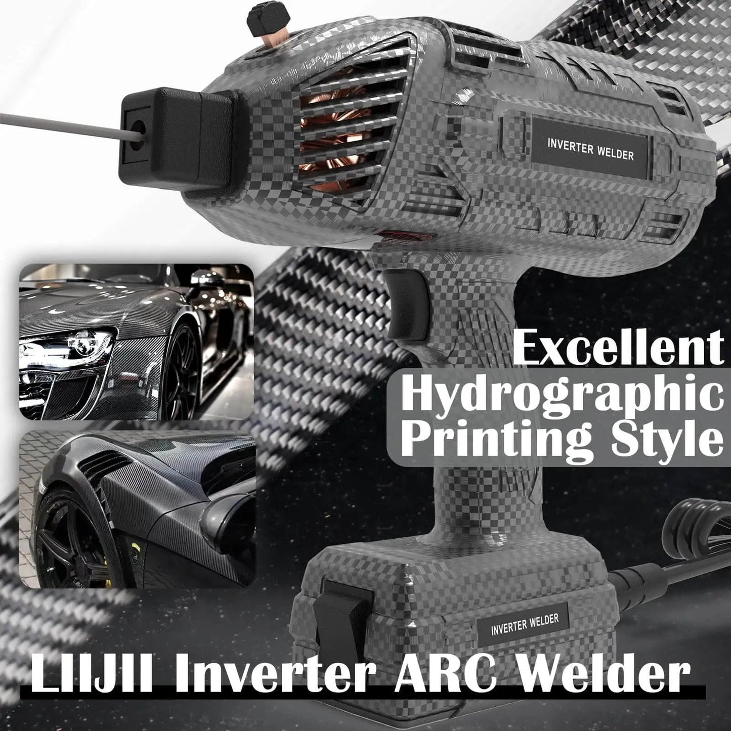 Carbon fiber style portable 140A 110V IGBT inverter handheld welder with hot start arc force and base stand for DIY projects.