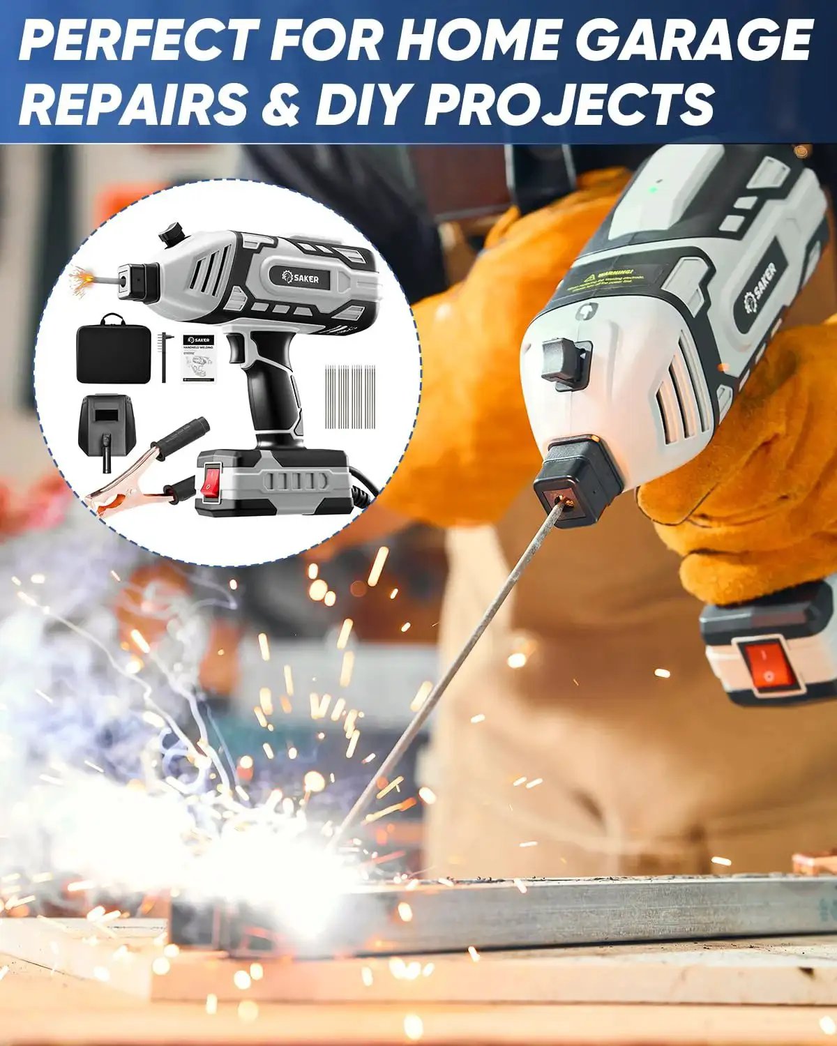Person using 110V Portable IGBT Inverter Welder with 5 Current Settings Handheld Arc Welding Gun for 3/32 Inch Wire Rods Grey