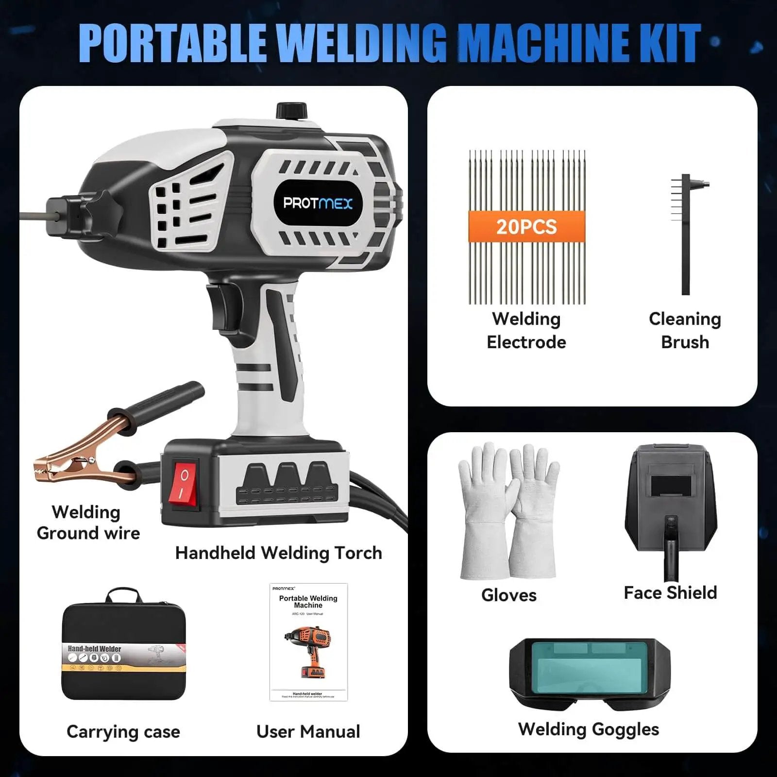 Portable 110V Handheld IGBT Inverter Welder kit includes welding torch, 20 electrodes, gloves, goggles, brush, and user manual for DIY projects