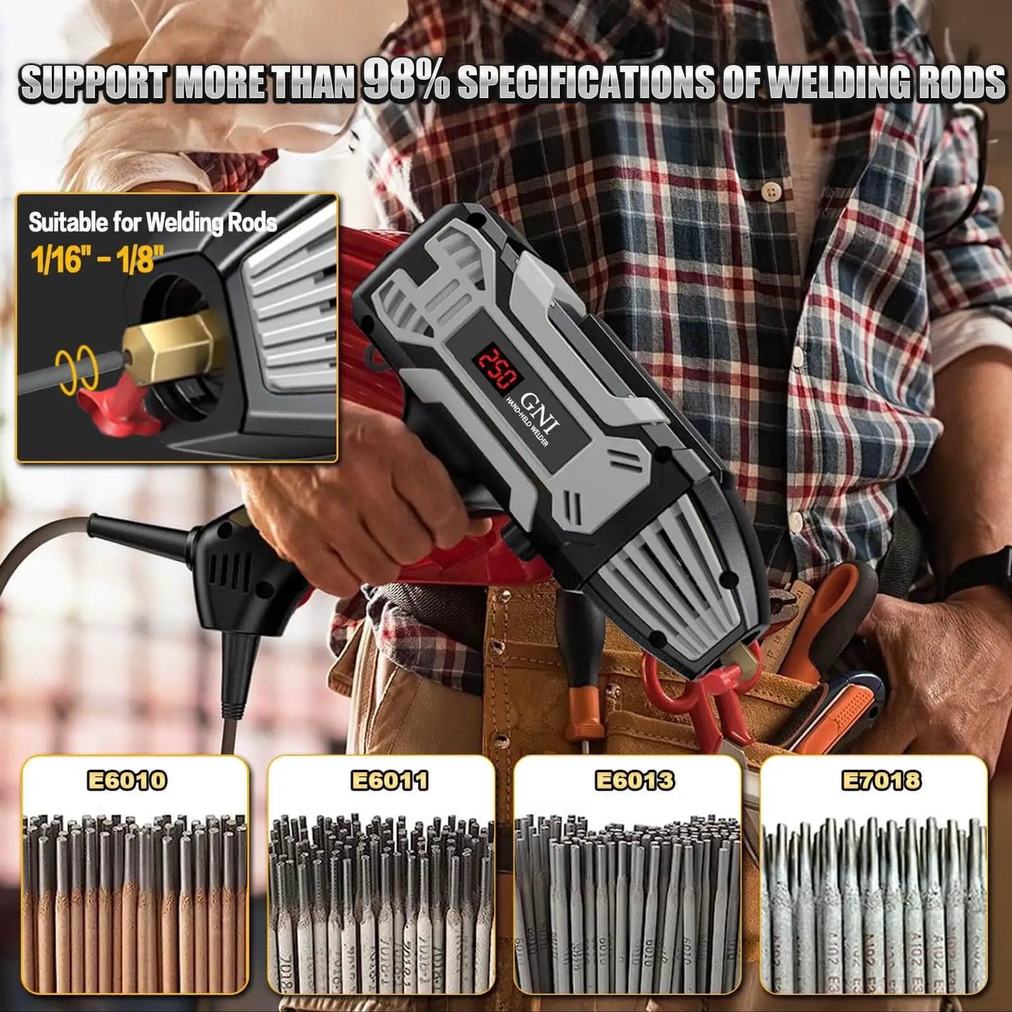 Portable 250 Amp Stick Welder With 110V Inverter LCD Display Arc Force Anti Stick, handheld welder in use with welding rods.