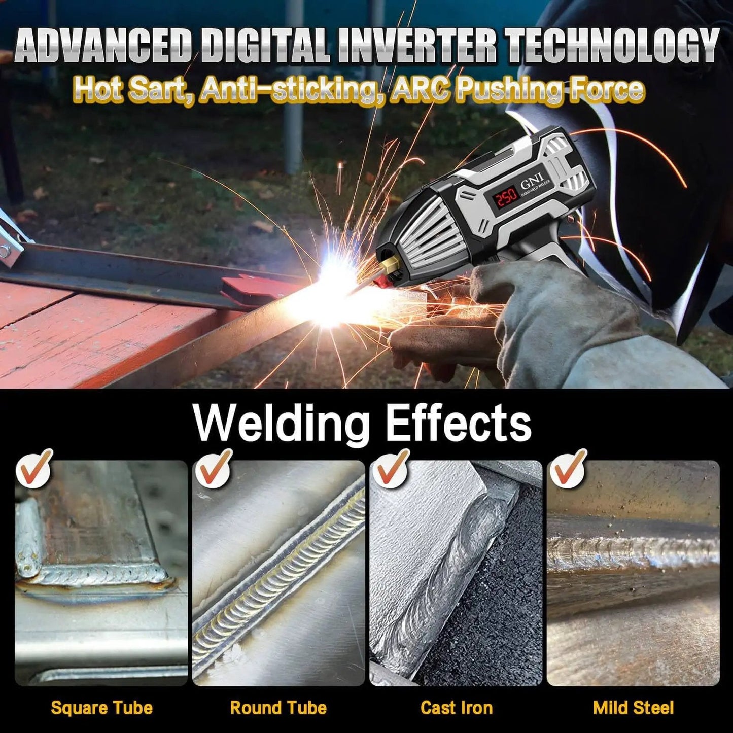 Portable 250 Amp Stick Welder With 110V Inverter LCD Display Arc Force Anti Stick Handheld Welder Beast in use on metal