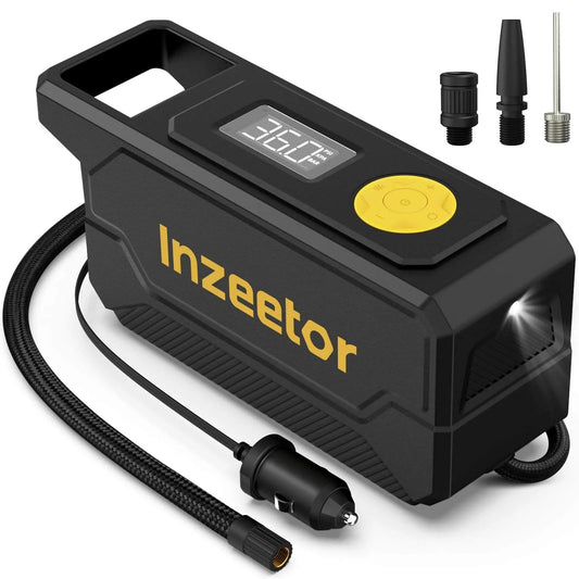 150 PSI Tire Inflator Portable Air Compressor, 12V DC Auto Shutoff Air Pump with Digital Pressure Gauge and Emergency LED Light, black device with accessories
