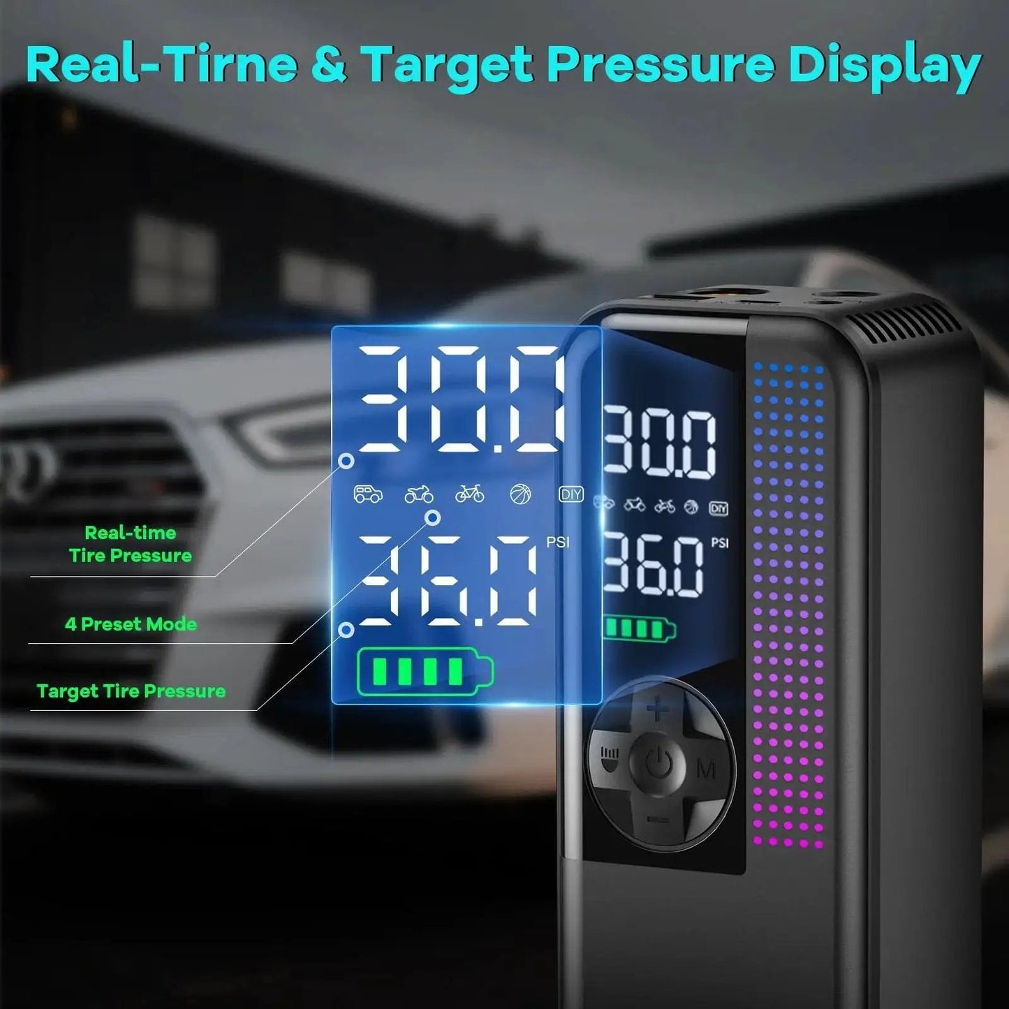 Portable Tire Inflator Air Compressor 150 PSI Cordless with digital display showing tire pressure modes for car bike