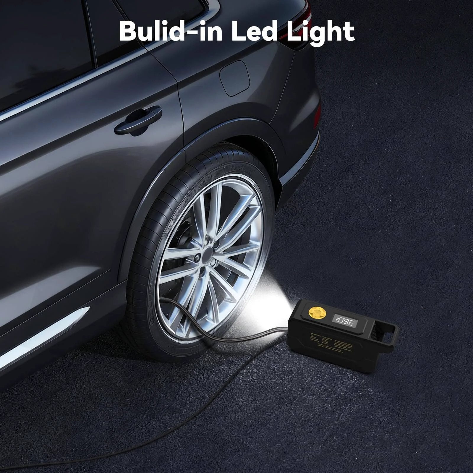 150 PSI Tire Inflator Portable Air Compressor, 12V DC Auto Shutoff Air Pump with Digital Pressure Gauge in use at night