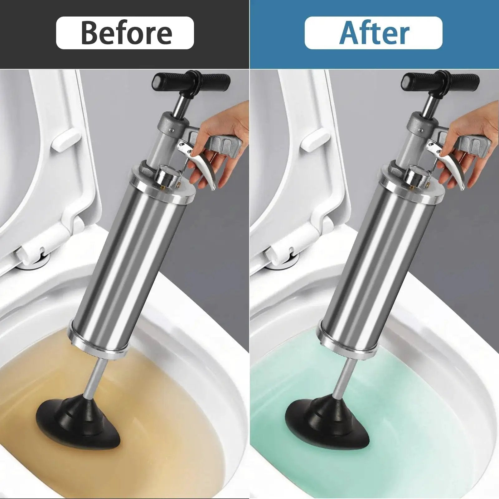 Portable High Pressure Kinetic Toilet Plunger Air Blaster Pump clearing clogged toilet, before and after effect shown