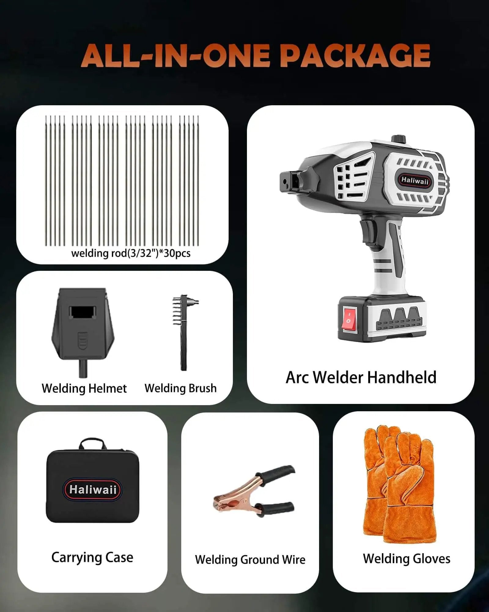 All-in-one package with Pro Grade 120 Amp Portable Welder With IGBT Inverter And Five Current Settings, rods, and accessories.