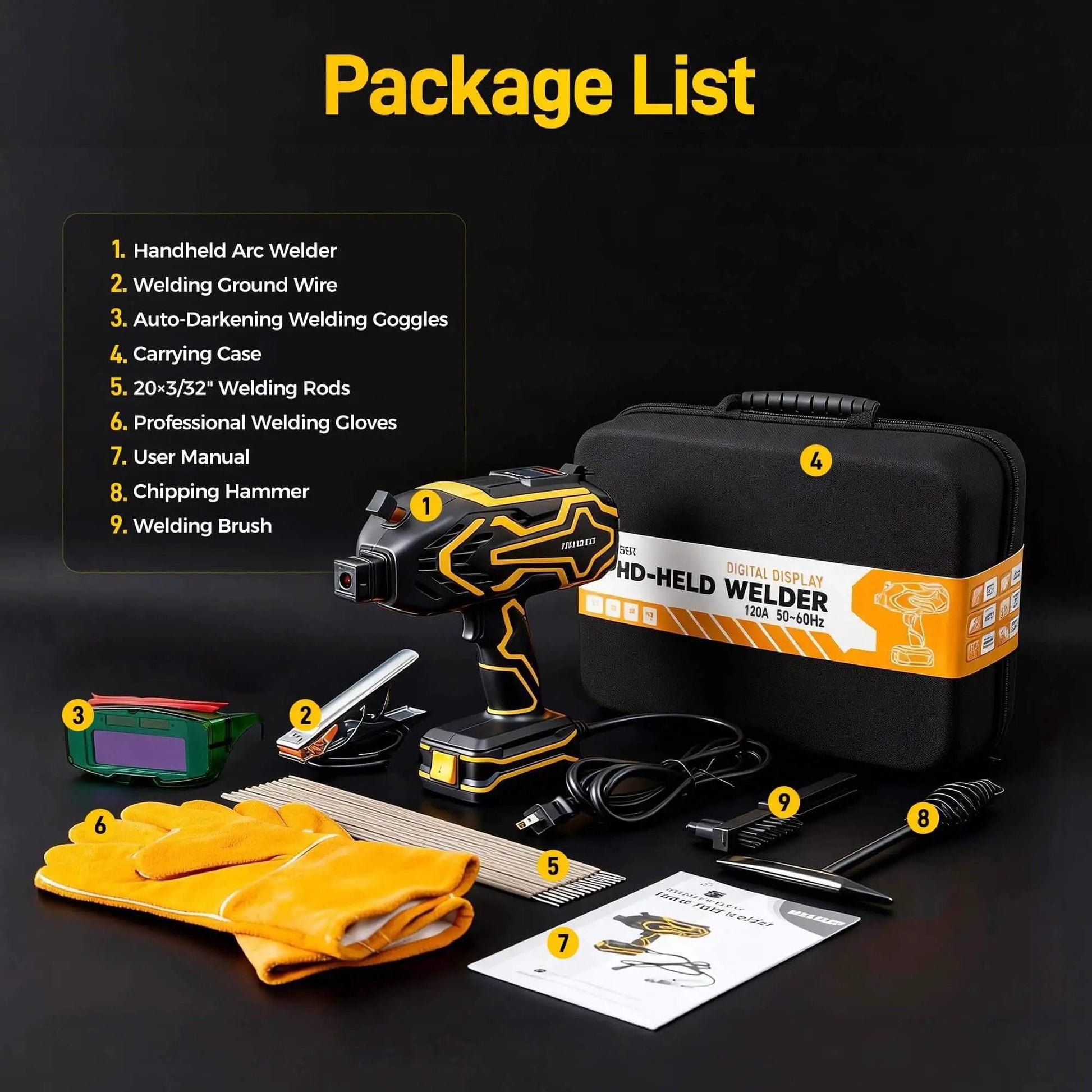 Portable 110V IGBT Inverter Welder With Auto Darkening Goggles Included, package with tools and accessories
