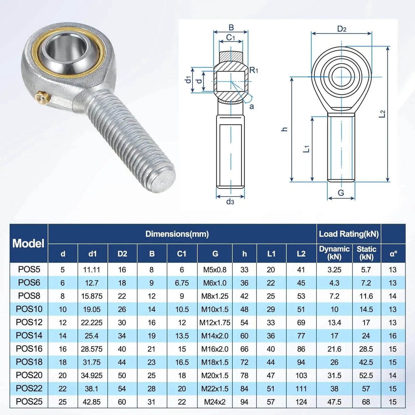 Diagram and specifications of Tough as Nails Rod End Bearings 4 Pack POS10 M10x1.5 Right Hand Thread Self Lubricating Steel Joint