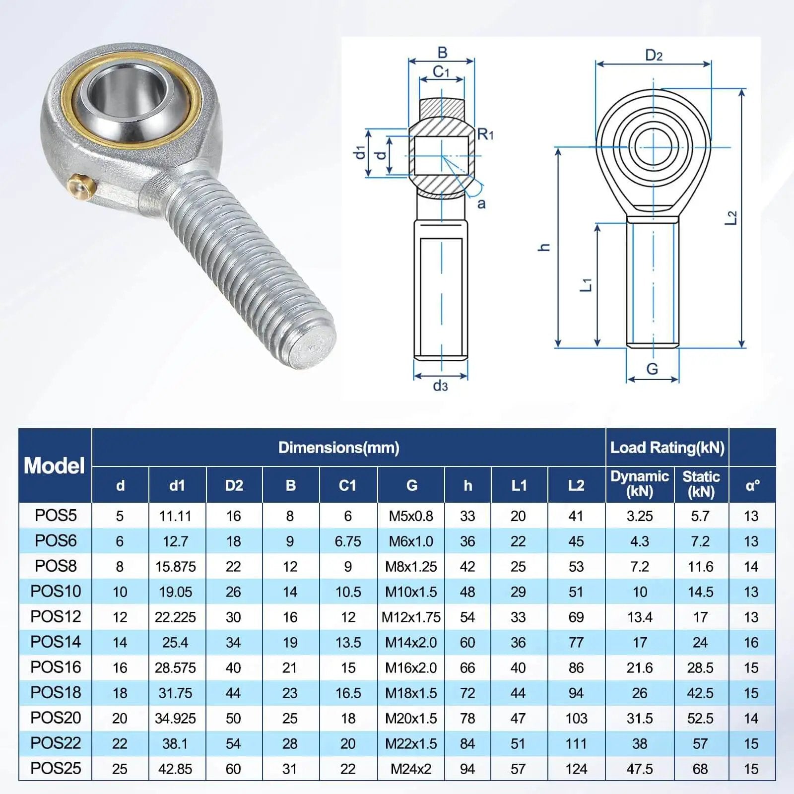 Diagram and specifications of Tough as Nails Rod End Bearings 4 Pack POS10 M10x1.5 Right Hand Thread Self Lubricating Steel Joint