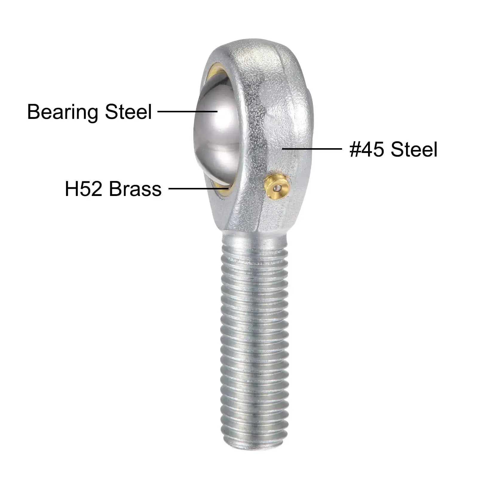 Close-up of POS12 Spherical Rod End Bearing 12mm Bore With Self-Lubricated Joint M12x1.75 Left Hand Male Thread showing materials: #45 steel, bearing steel, and H52 brass.