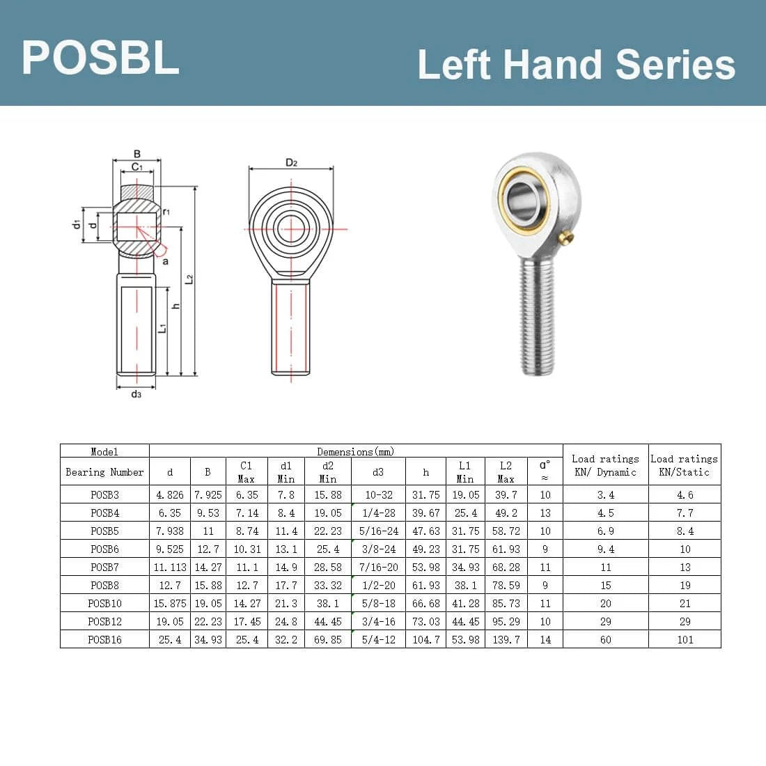 POSB5L rod end bearing kit, 5/16 inch bore with 5/16-24 left hand male thread, diagram and specifications chart