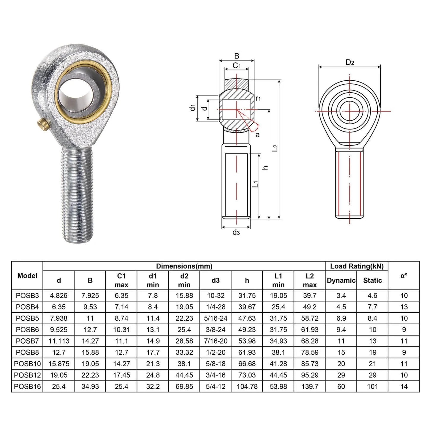 Diagram and chart of 4pcs POSB8 Male Rod End Bearing 1/2 Inch Bore and 1/2-20 Right Hand Thread, Self-Lubricating Joint Rod Ends.