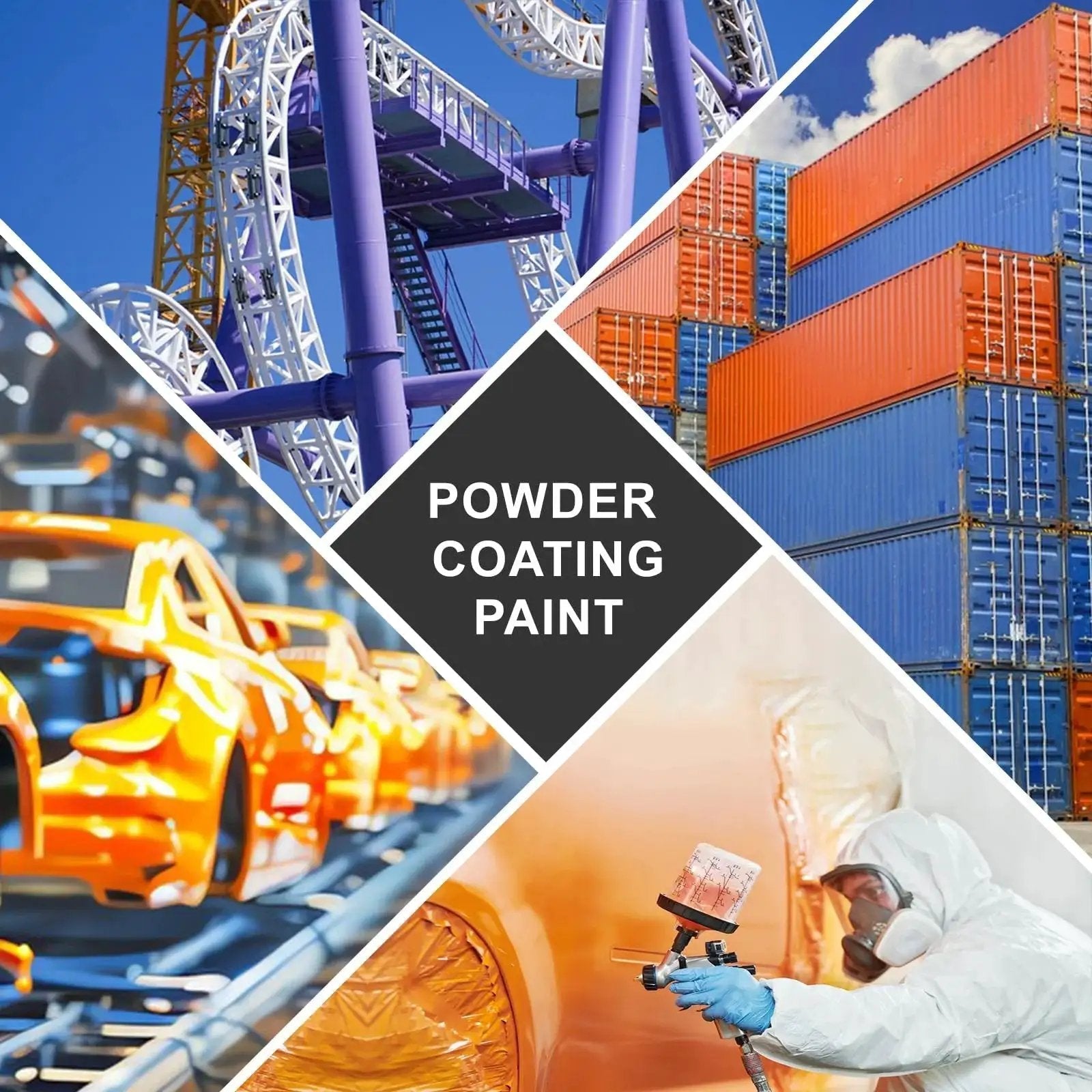 Collage of powder coating paint applications on cars, metal structures, and shipping containers.