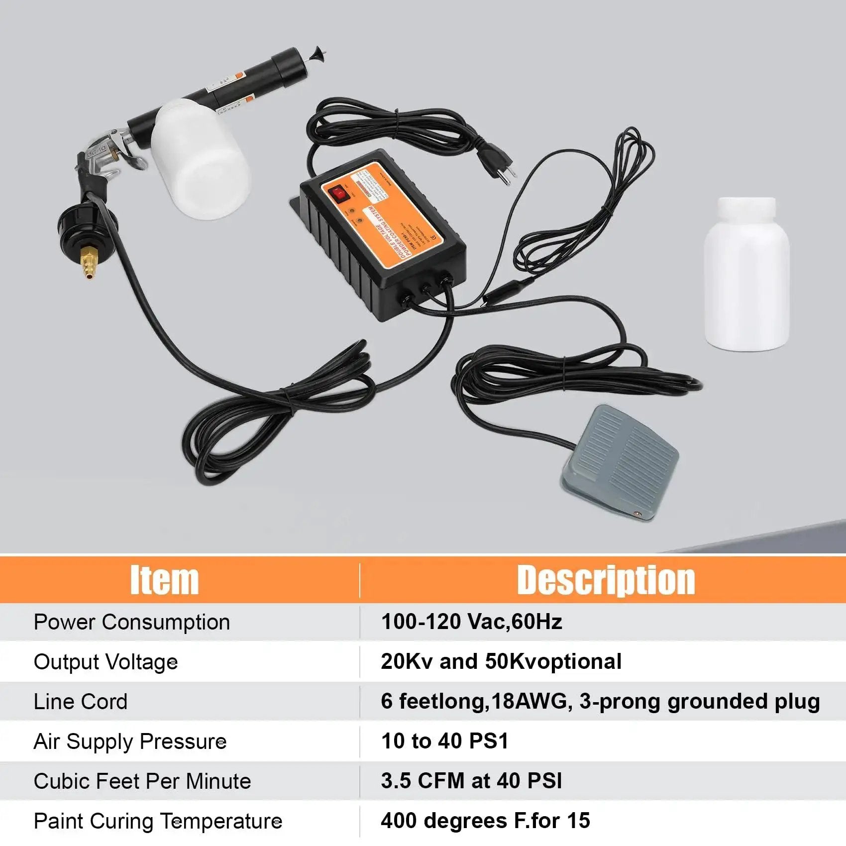 Powder Coating System With Electrostatic Output Dual Voltage 20Kv And 50Kv Includes Gun Nozzle Powder Bottle Footswitch