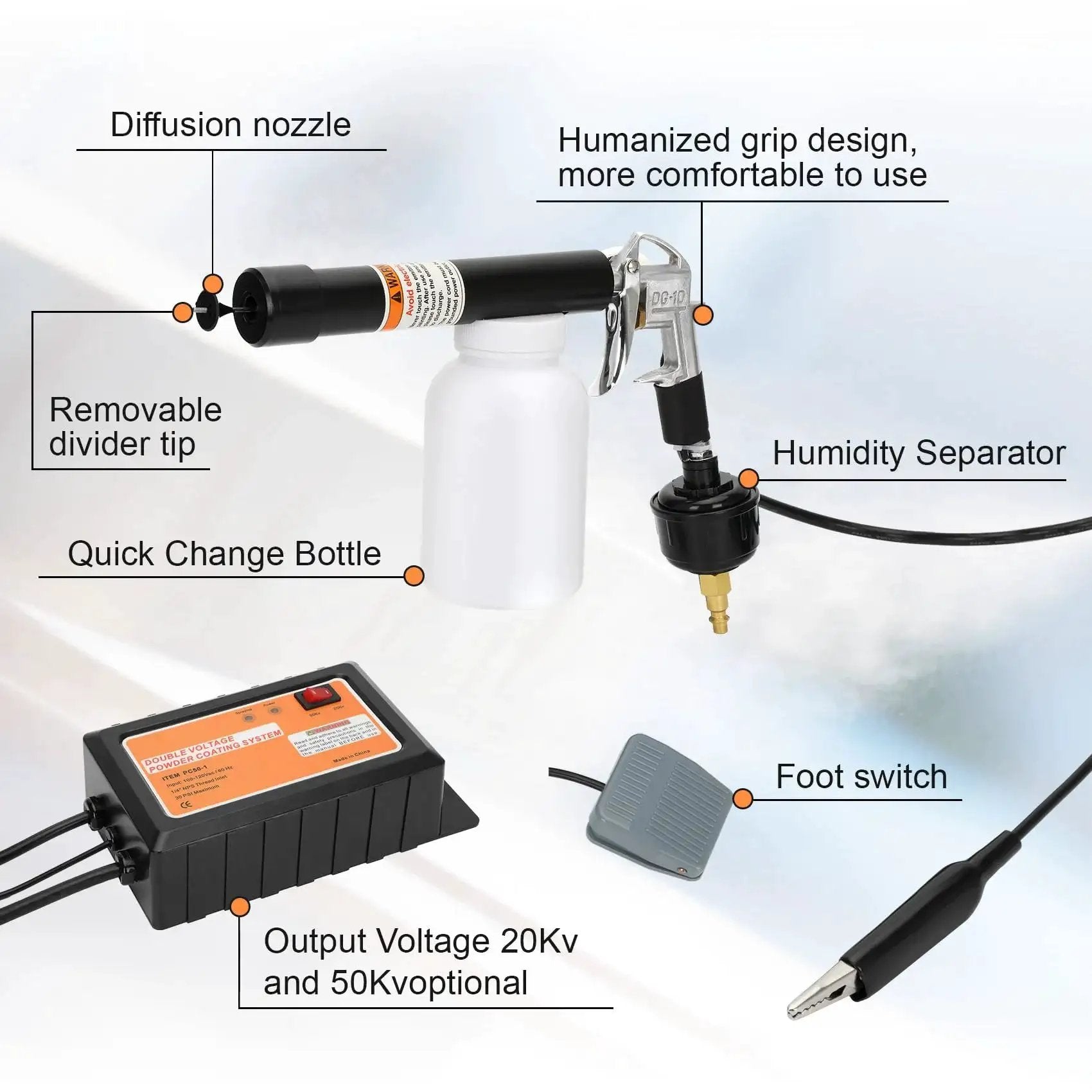 Powder Coating System With Electrostatic Output Dual Voltage 20Kv And 50Kv Includes Gun Nozzle Powder Bottle Footswitch