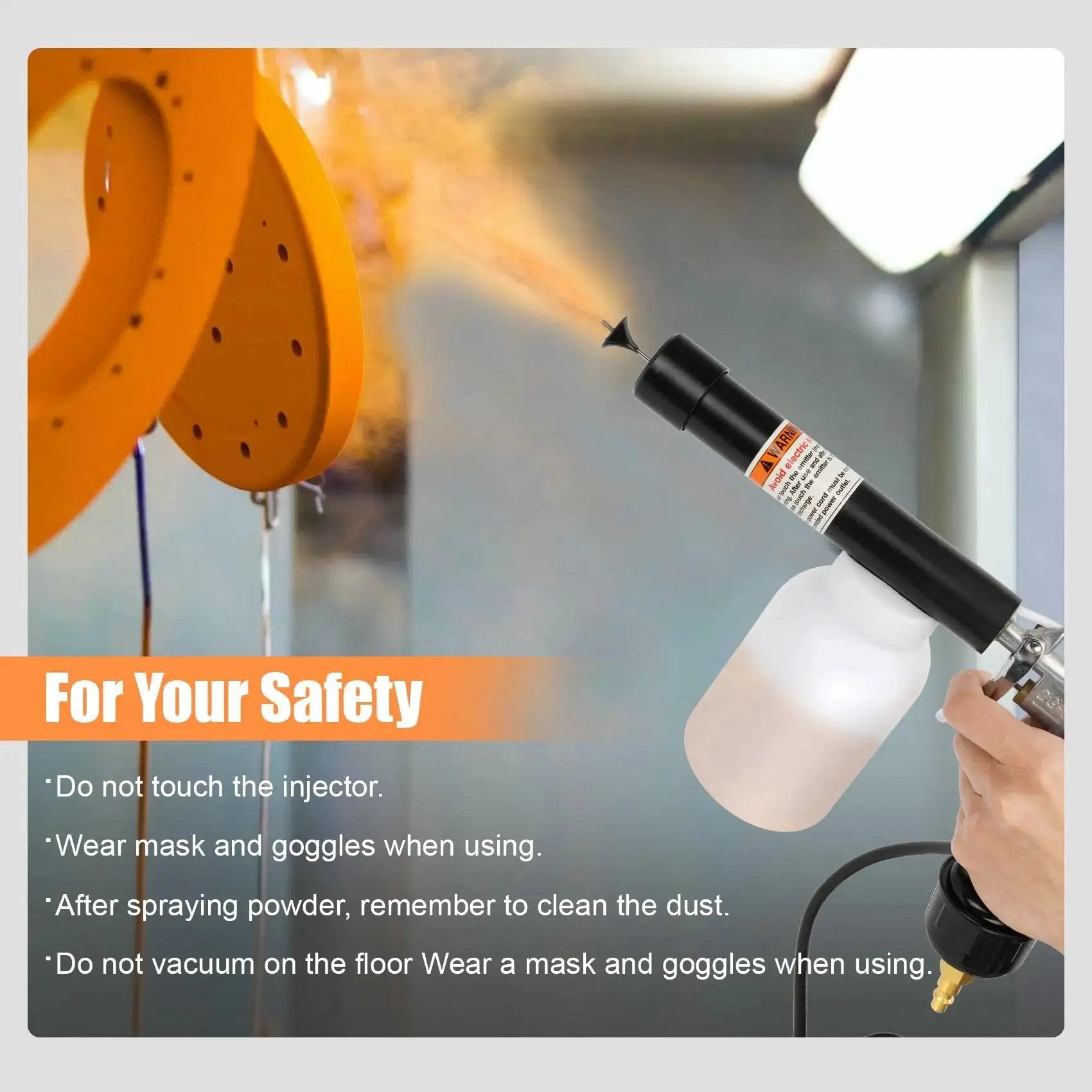 Person using Powder Coating System With Electrostatic Output Dual Voltage 20Kv And 50Kv spraying orange powder coating on product