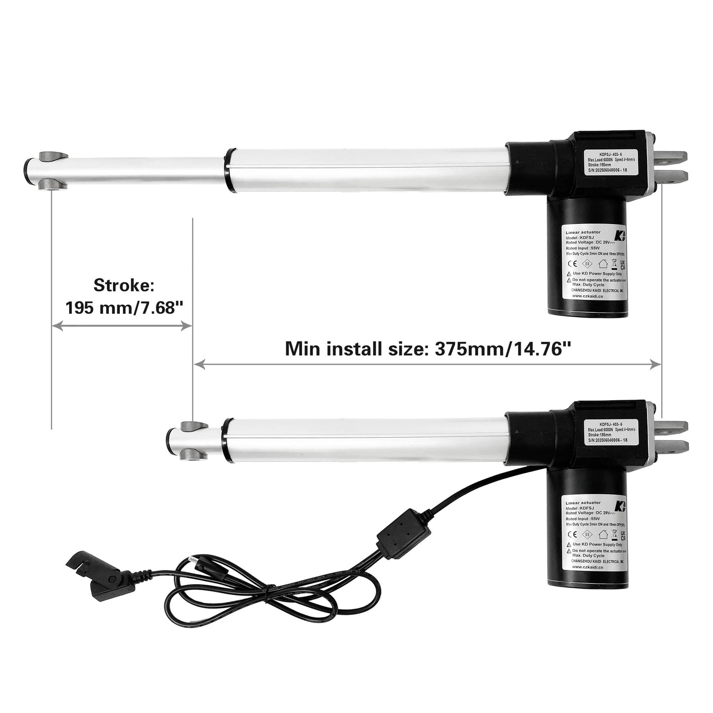 Power Recliner Lift Chair Linear Actuator Replacement For Kaidi KDFSJ 403 6 Motor OEM Kaidi Actuator with dimensions shown.