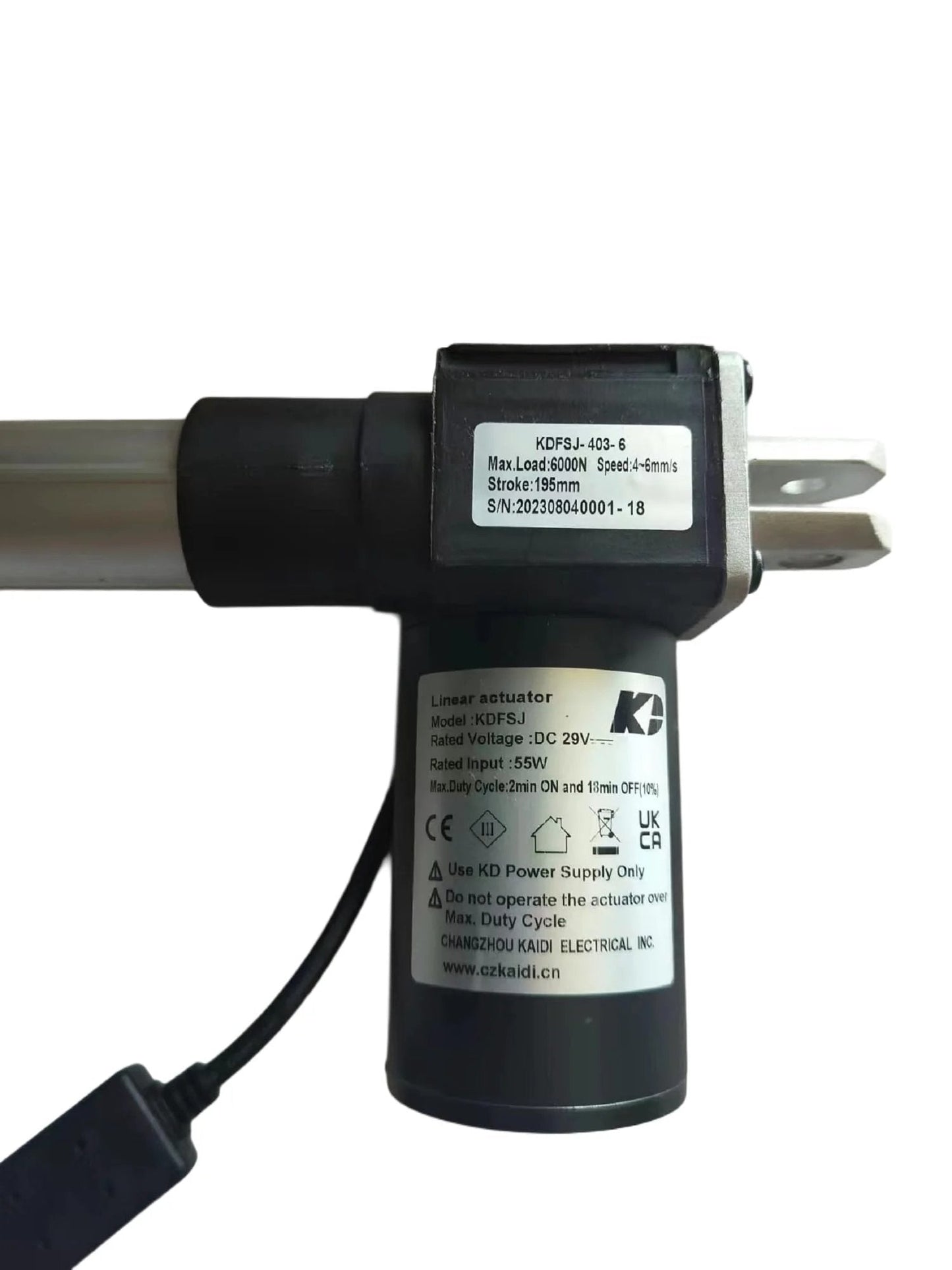 Close-up of Power Recliner Motor Replacement With Cord Model KDFSJ 403 6 Linear Actuator, DC 29V, 14.76 inches long, for electric recliners.